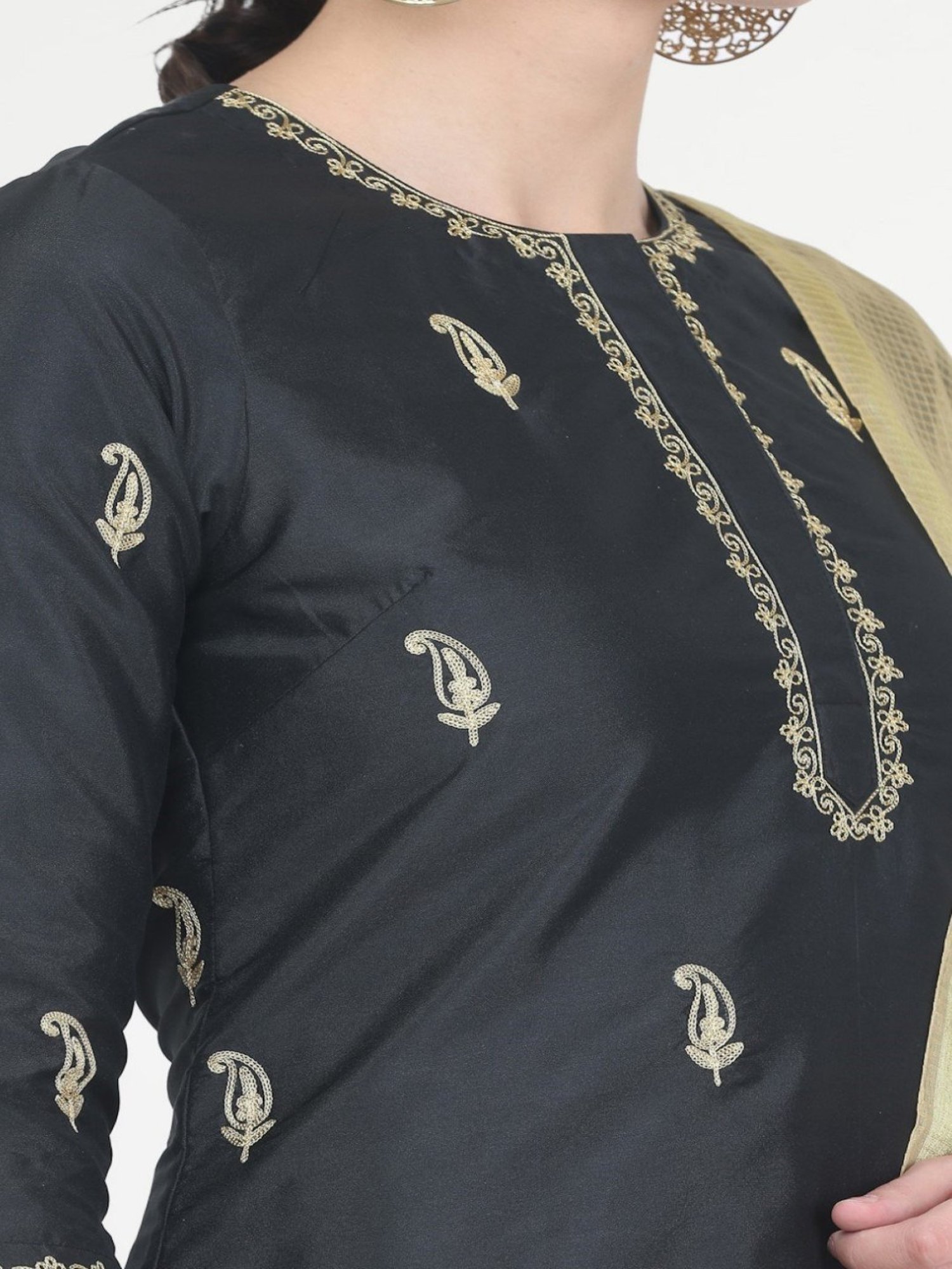 Kaanchie Nanggia Black Taffeta Embroidered Kurta Pant with Chanderi Duatta