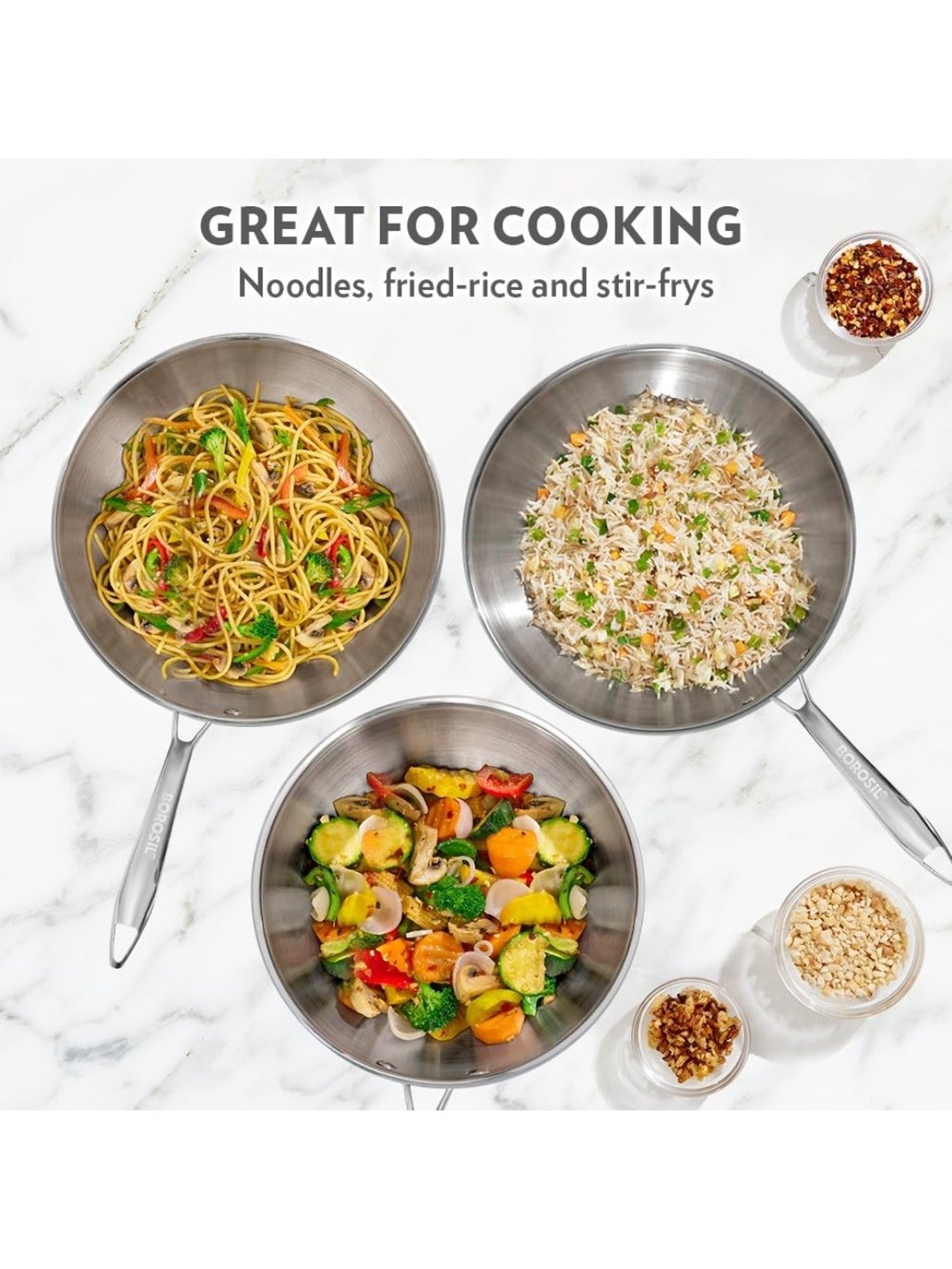 ?Borosil Silver ?Stainless Steel  Wok with Lid