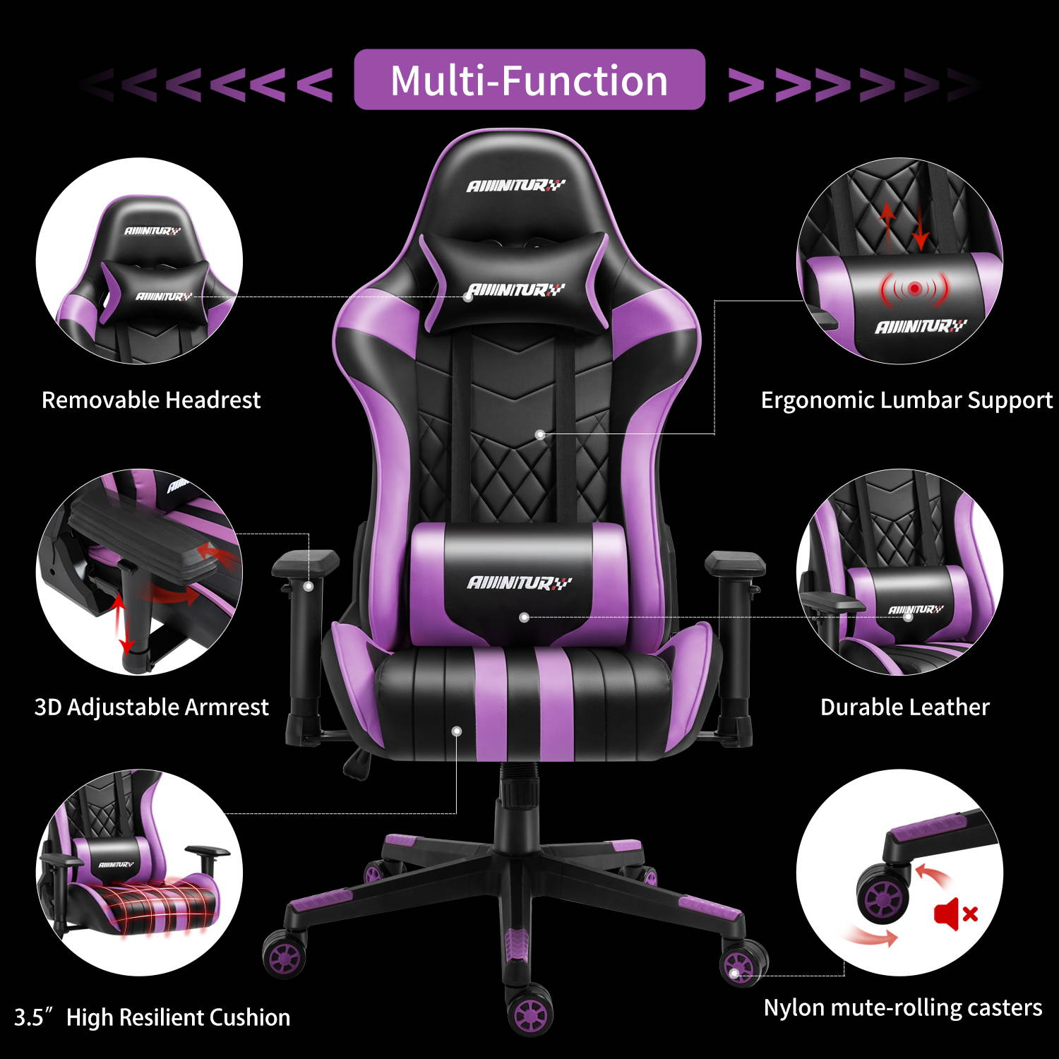 AMINITURE Gaming Chair Racing Style Ergonomic Computer Games Chairs Adjustable Armrest High Back PC Office Desk Chair Swivel Task Chair