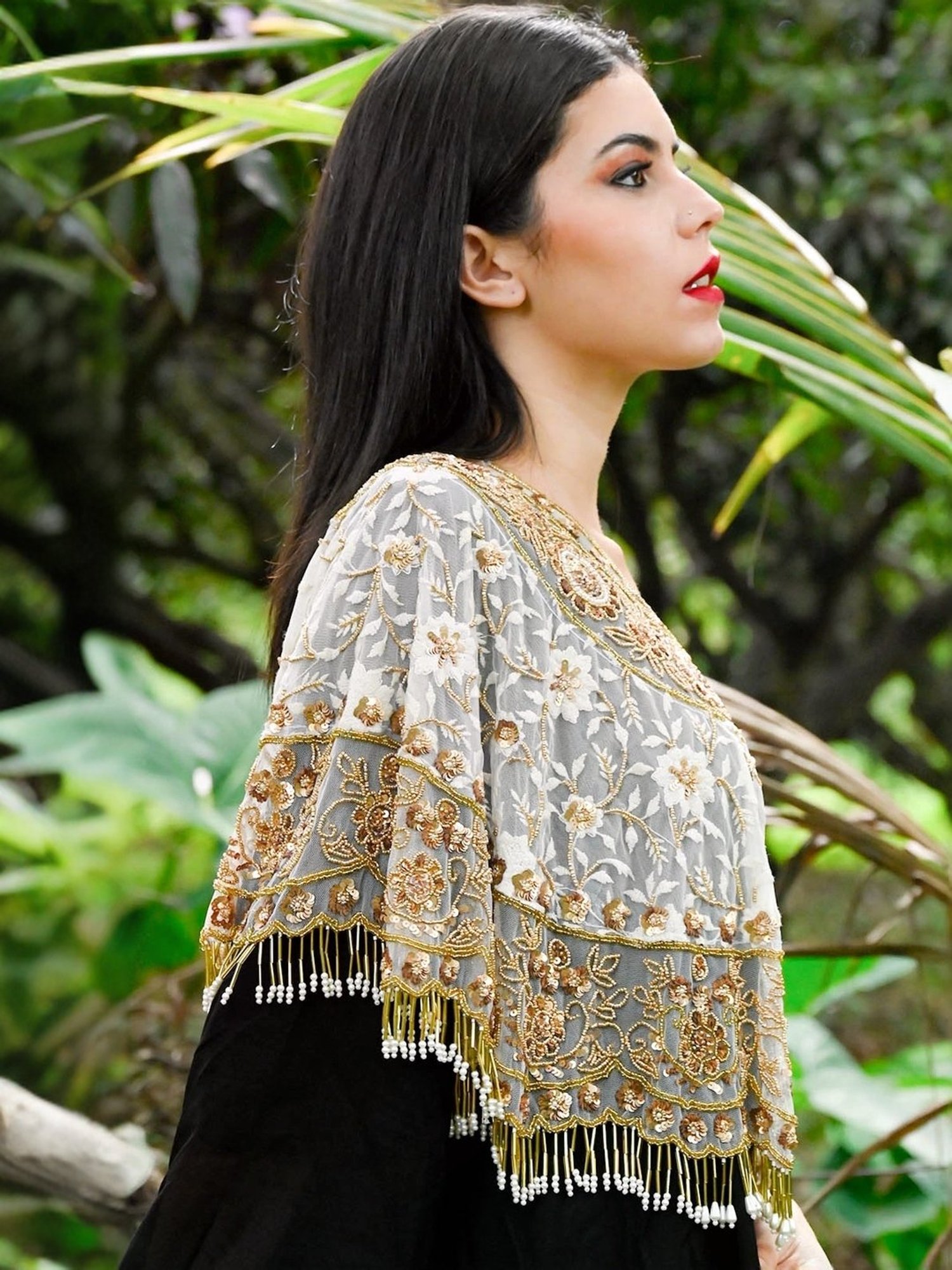 Odette White & Golden Embellished Fancy Cape