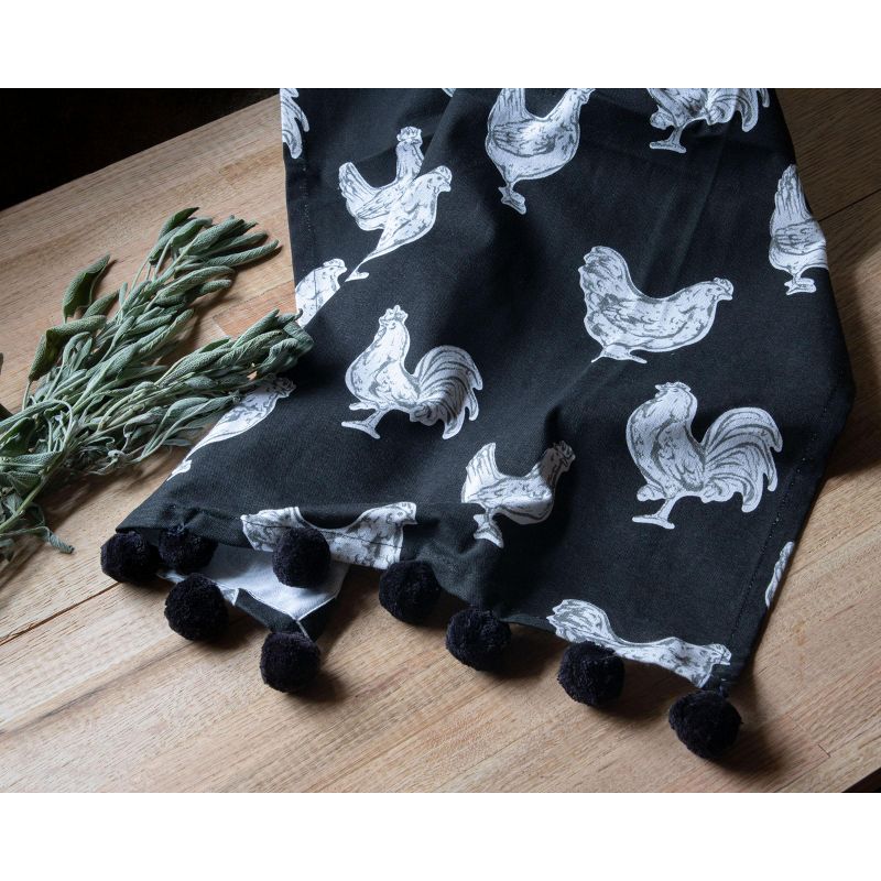 Chicken Pattern 27 x 18 Inch Woven Kitchen Tea Towel with Hand Sewn Pom Poms - Foreside Home & Garden