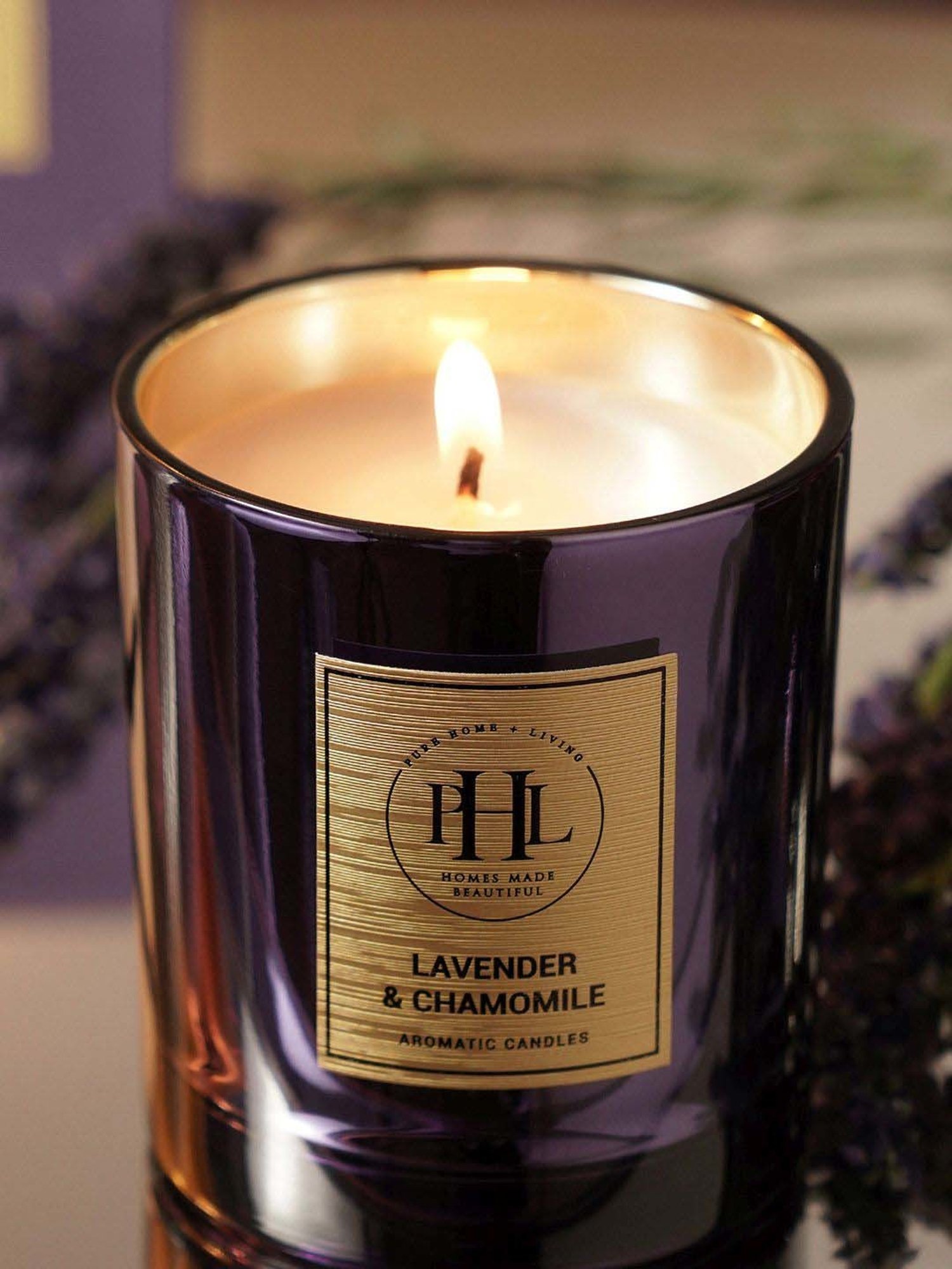 Pure Home and Living Purple Glass Lavender & Chamomile Scented Wax Filled Jar Candle (150ml)