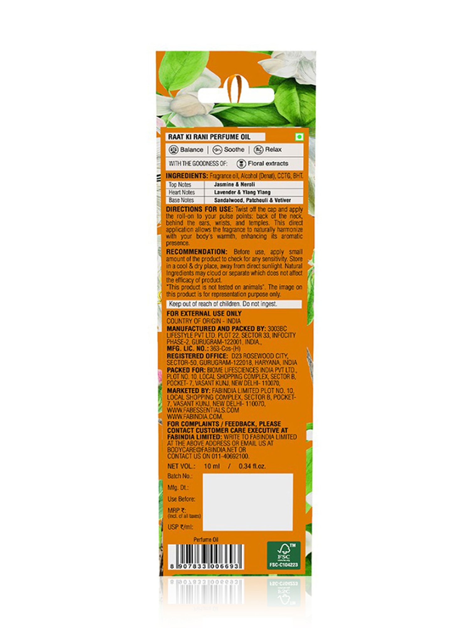 Fabessentials Raat Ki Rani Jasmine & Neroli Perfume Oil - 10 ml