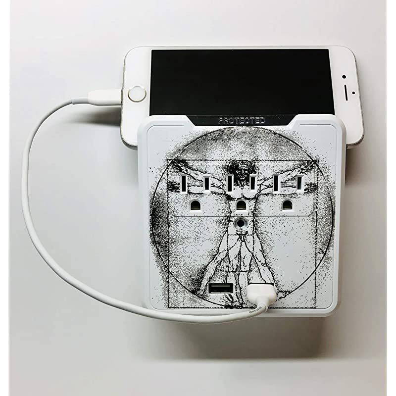 Decorative Wall Mount Surge Protector with 3 Outlets, Dual USB Charging Ports and Phone Holder - USB Charging Center/Multi Function Wall Tap (Vitruvian Man)