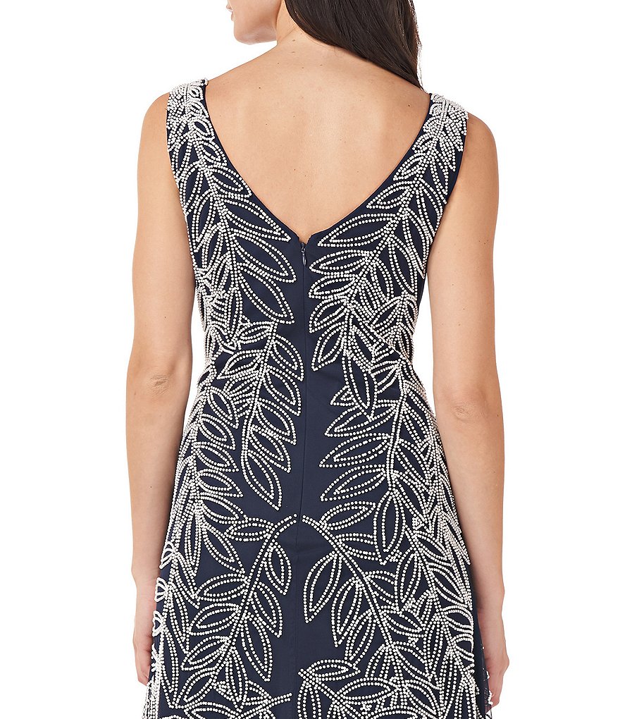 JS Collections Beaded Mesh Sleeveless V-Neck Midi Dress