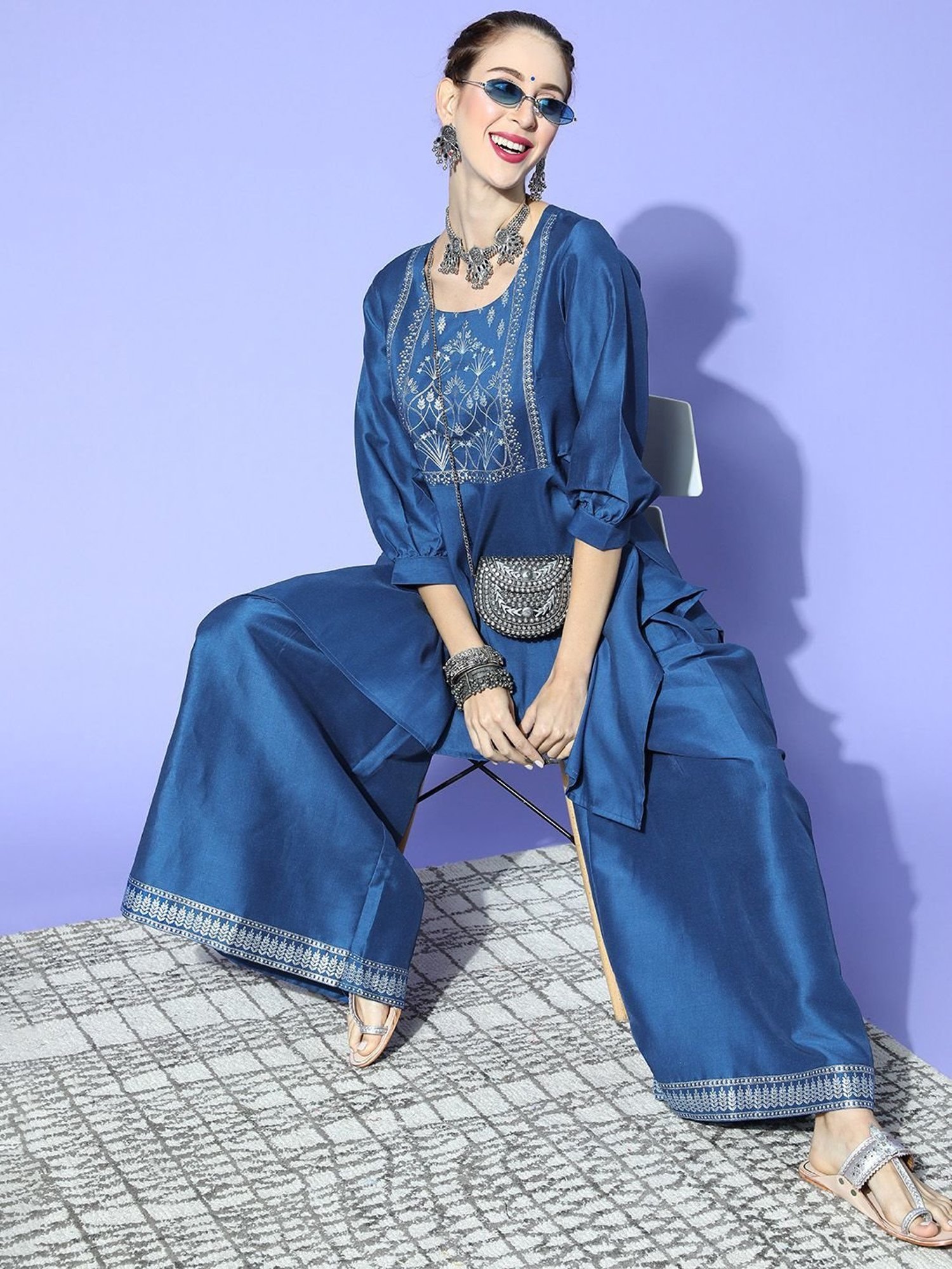 Ziyaa Blue Floral Print Kurti Palazzo Set