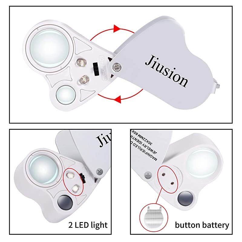 Portable Lighted LED Illuminated Jewelry Magnifier 30X 60X Wearable Handheld Dual Lens Eye Loupe Magnifying Glasses Micro Microscope with Keychain and Lanyard