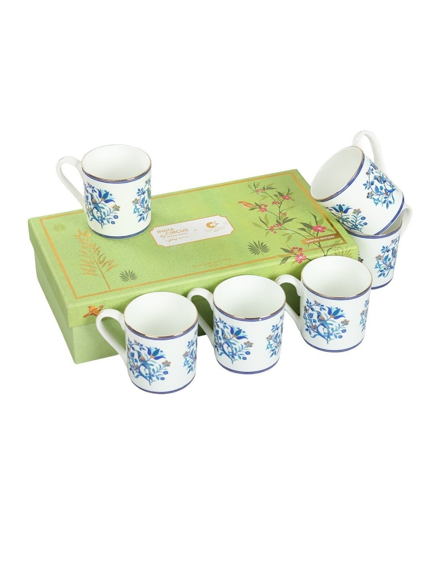 India Circus Floral Blue Bone China Coffee Mug - Set of 6 (220 ml)