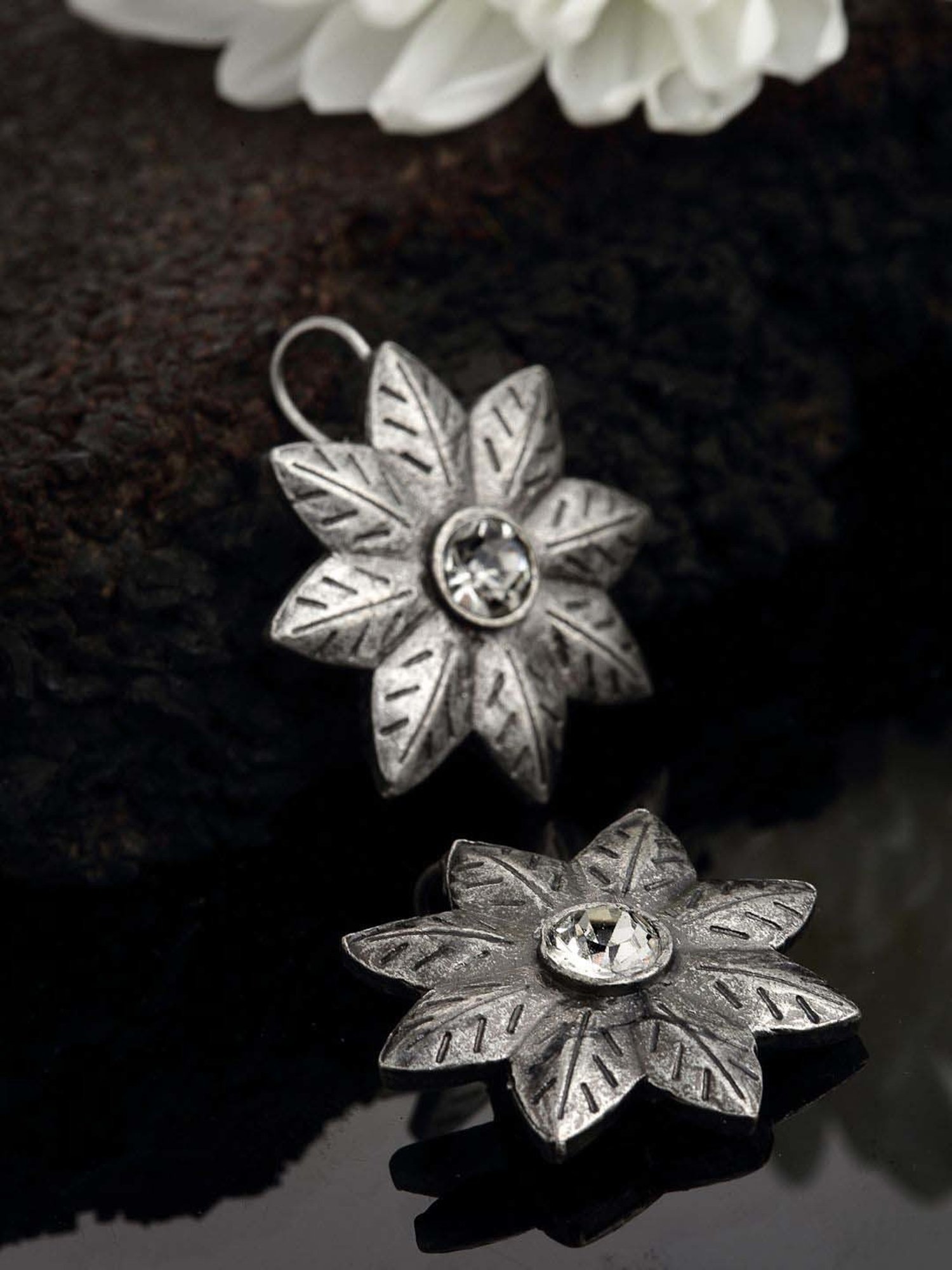 Panash Oxidized Silver-Toned Floral Shaped Drop Earrings