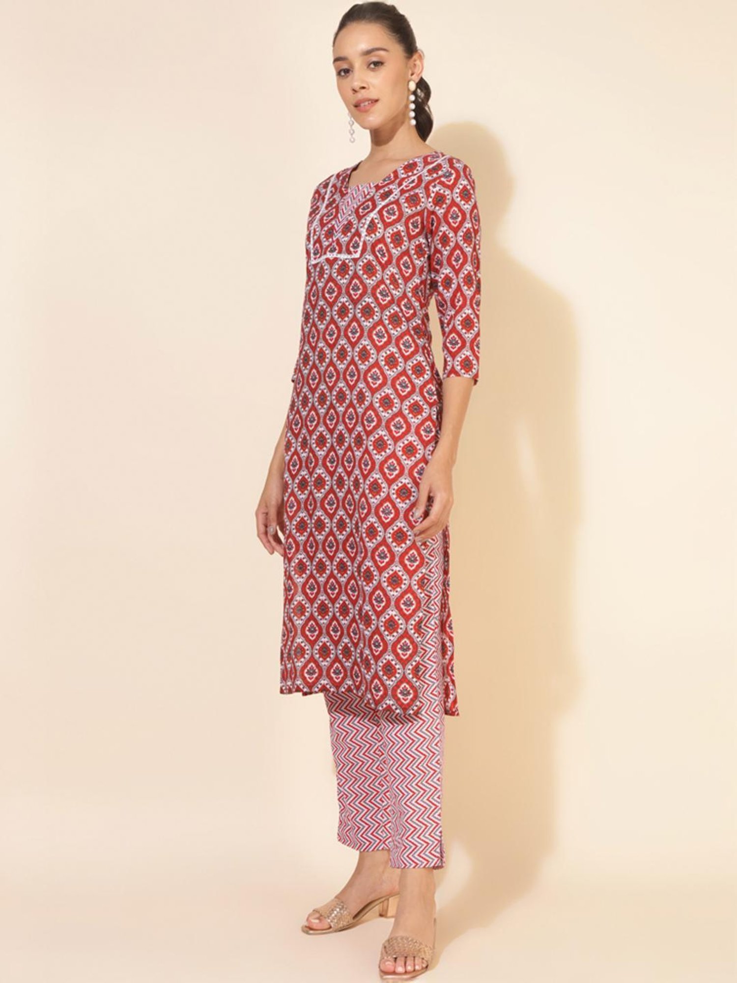 Janasya Red Cotton Printed Kurta Pant Set