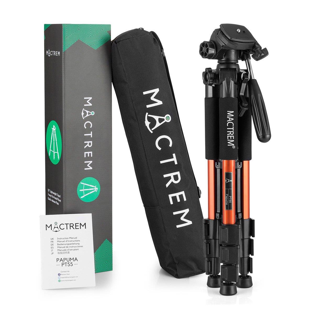 Mactrem PT55 Travel Camera Tripod Lightweight Aluminum for DSLR SLR Canon Nikon Sony Olympus DV with Carry Bag -11 lbs(5kg) Load (Orange)