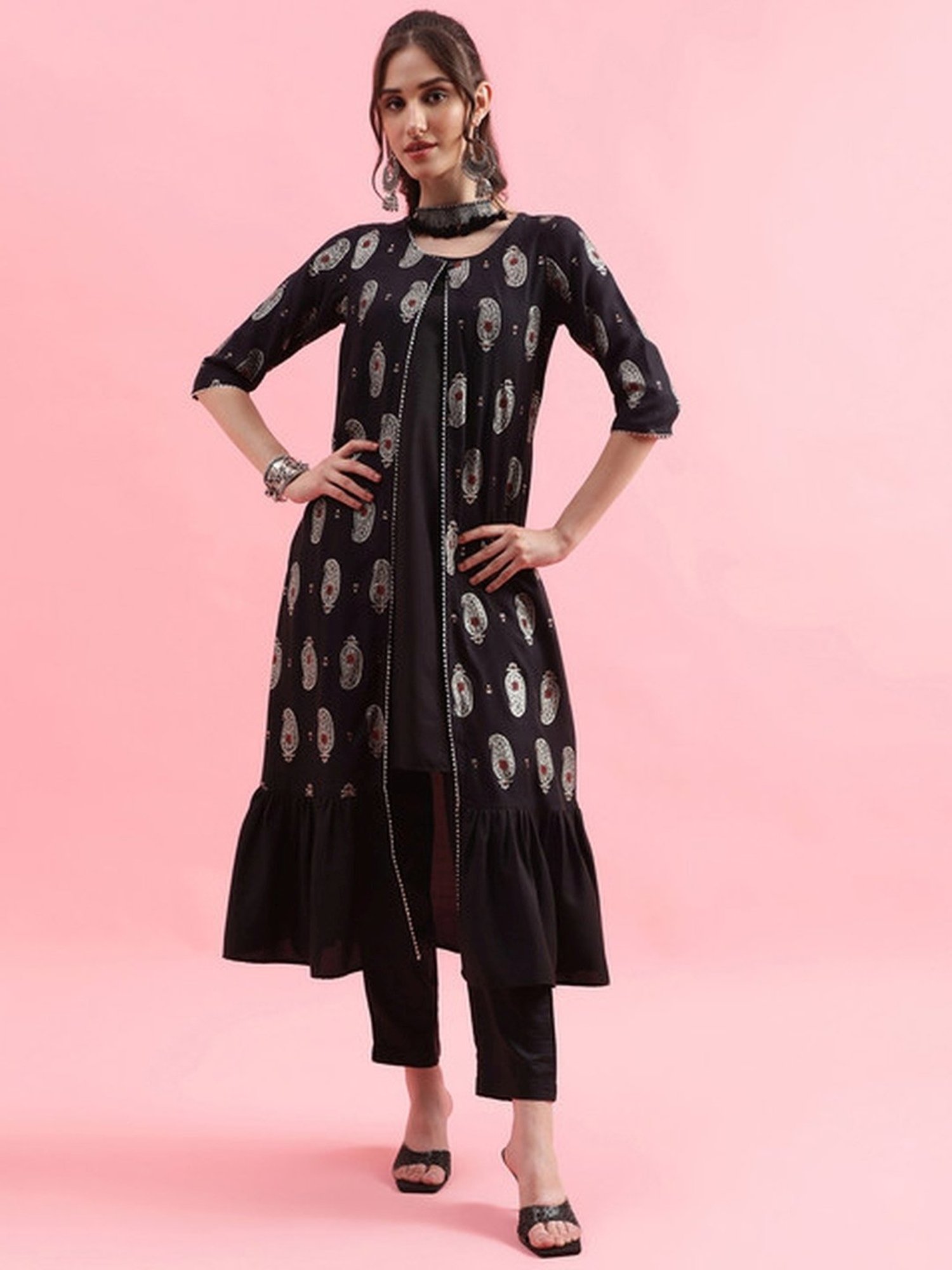 Skylee Black Printed A Line Kurta