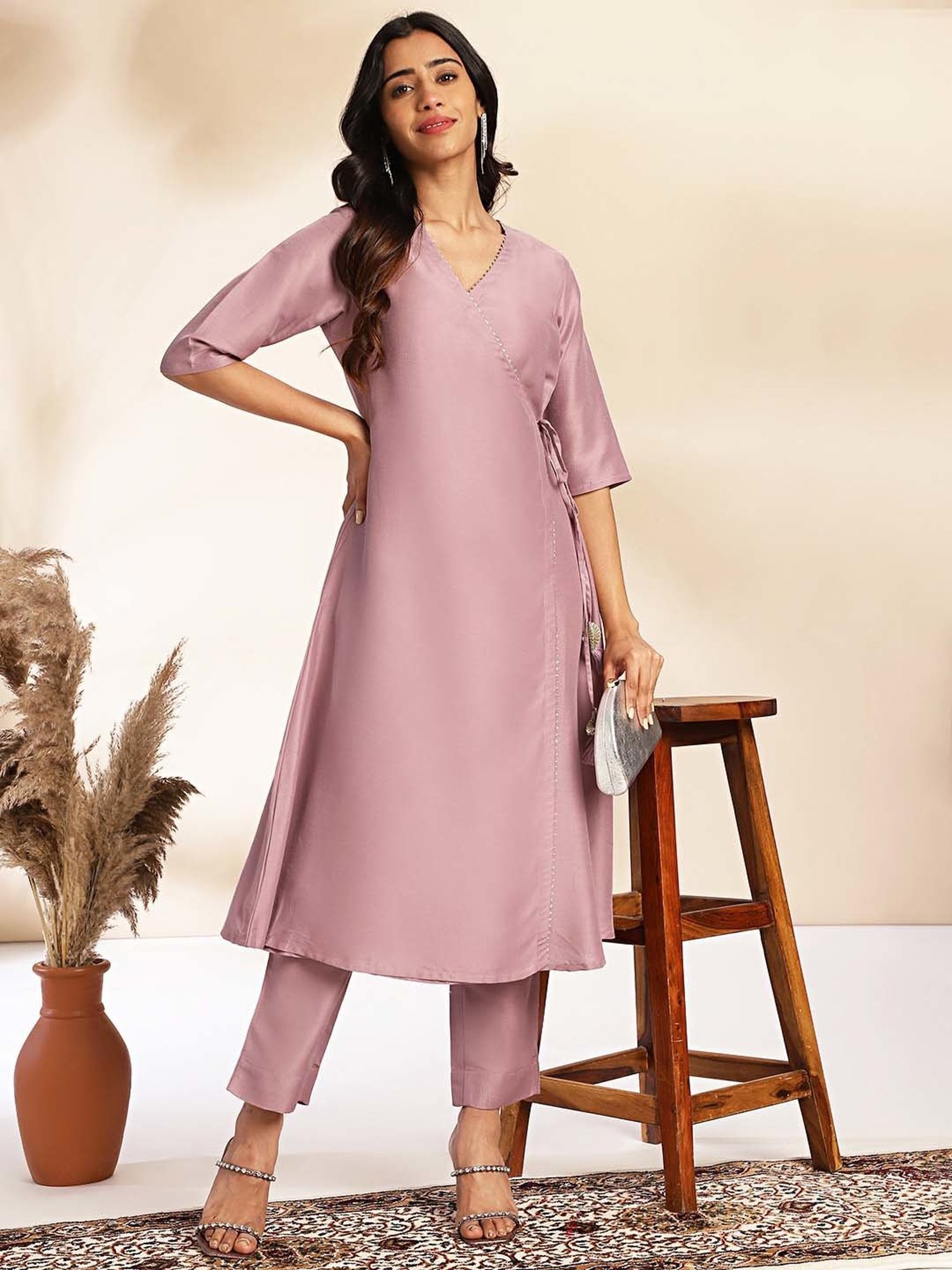 Janasya Pink Regular Fit Kurta Pant Set