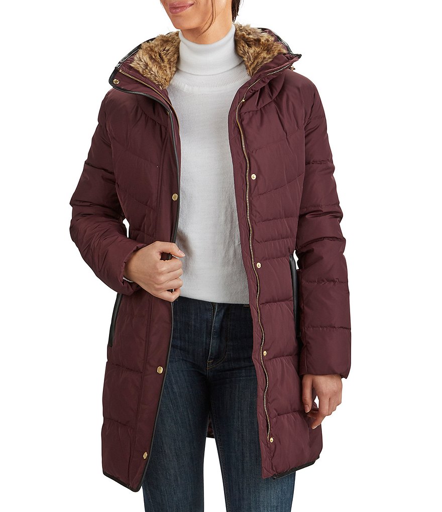 Kenneth Cole New York Short Water-Resistant Stand Collar Hooded Long Sleeve Chevron Puffer Jacket