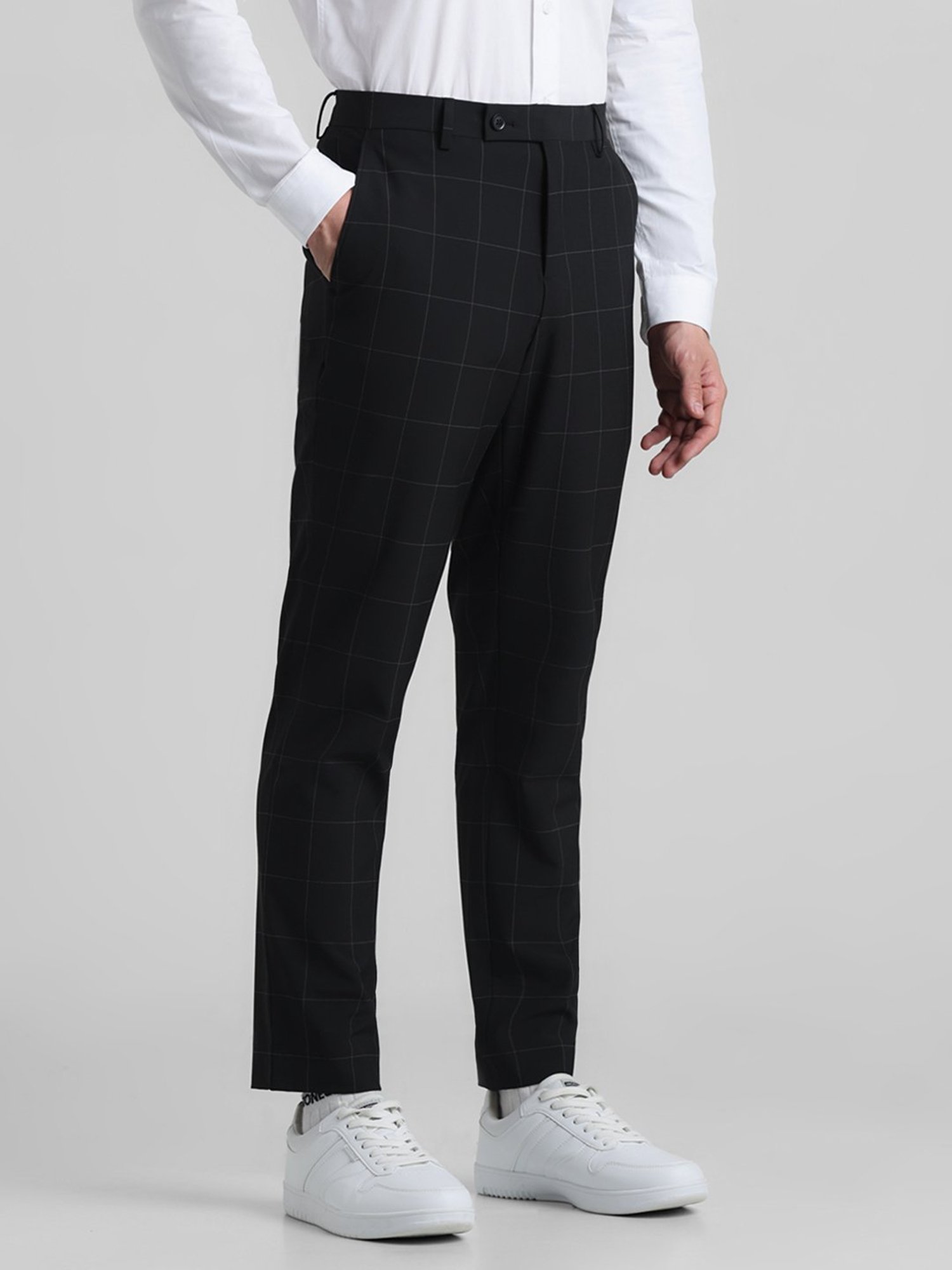 Jack & Jones Black Slim Fit Check Flat Front Trousers