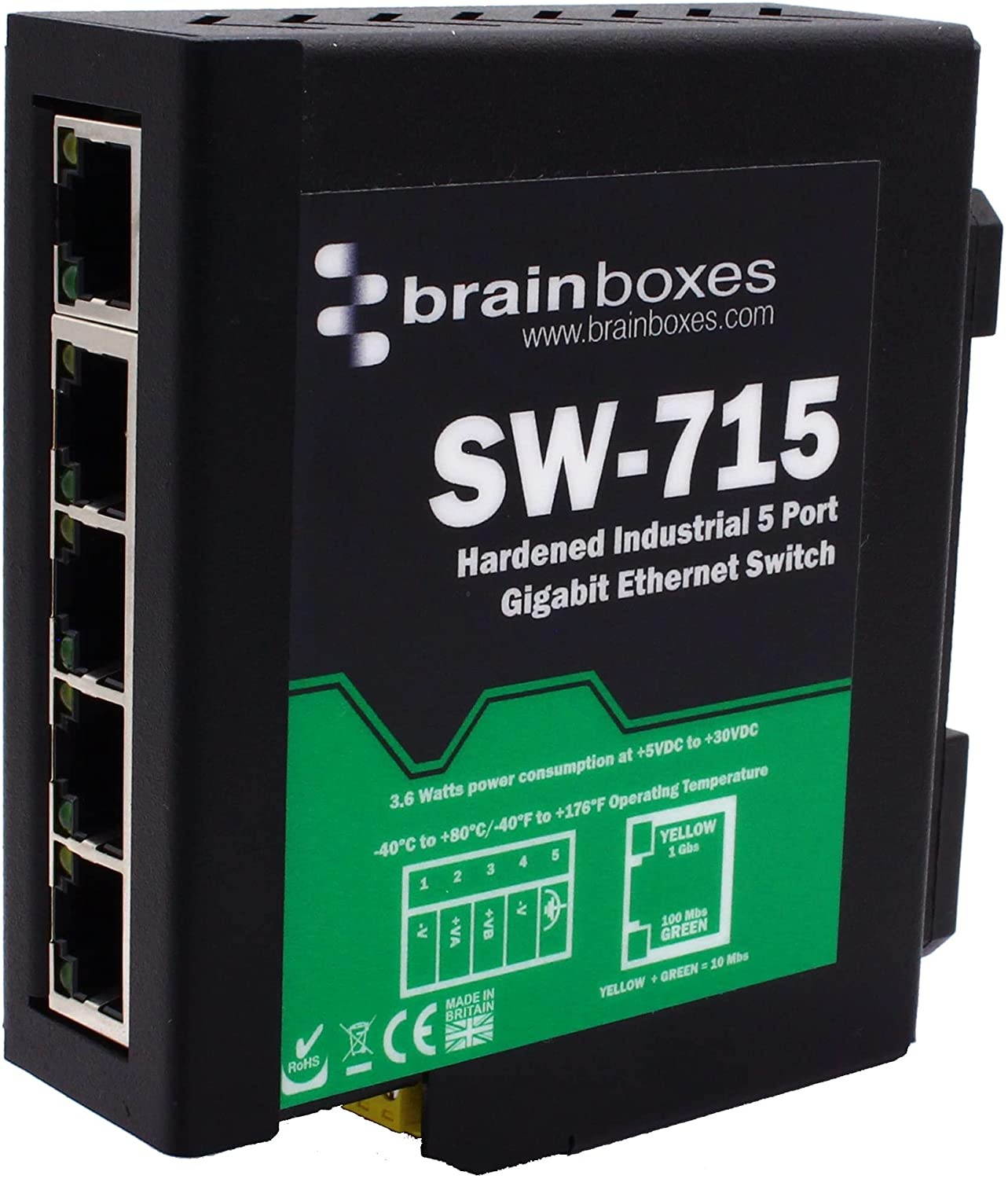 Brainboxes - SW-715 - Brainboxes Hardened Industrial 5 Port Gigabit Ethernet Switch DIN Rail Mountable - 5 Ports - TAA Compliant - 2 Layer Supported - Twisted Pair - DIN Rail Mountable - Lifetime