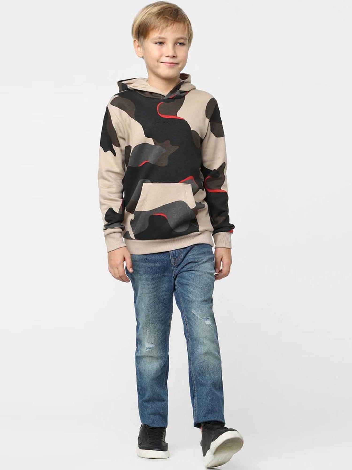 Jack & Jones Junior Beige & Teal Blue Cotton Camouflage Full Sleeves Sweatshirt