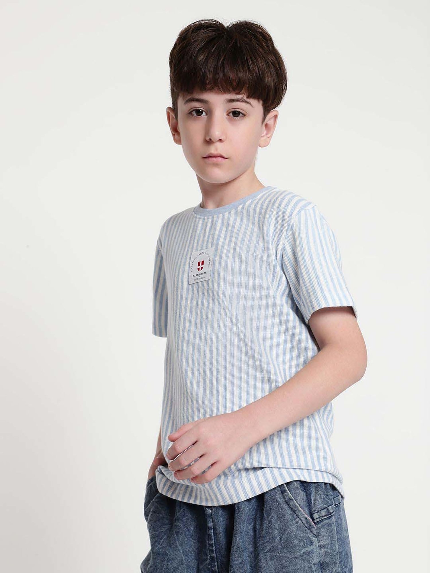 Octave Kids Sky Melange Cotton Striped T-Shirt
