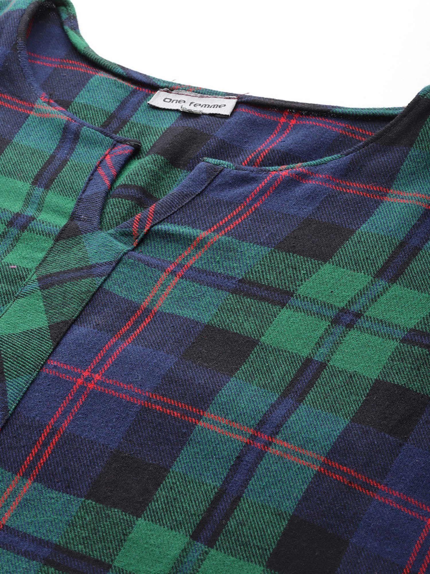 One Femme Green & Blue Check A Line Kurti