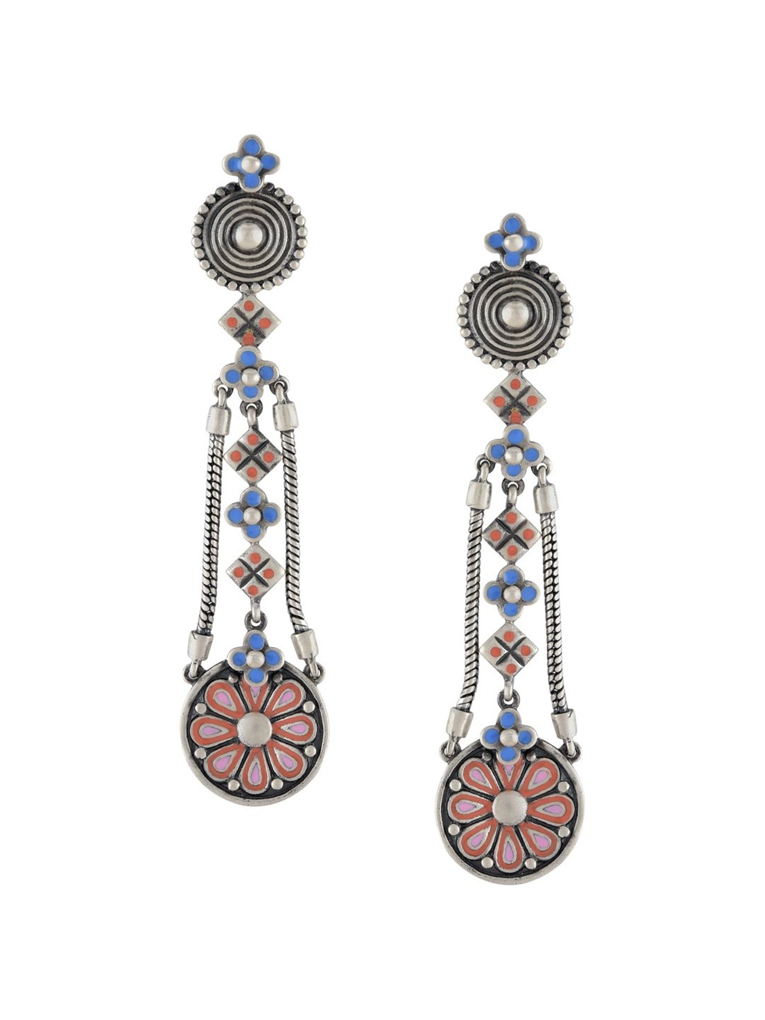 Tribe Amrapali Blue Pink Enamel Coin Flower Chandrika Chain Danglers