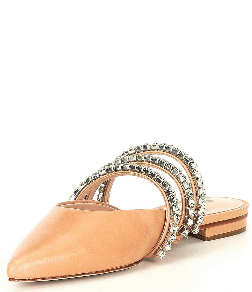 Schutz Smile Leather Crystal Encrusted Strap Ponted Toe Dress Mules