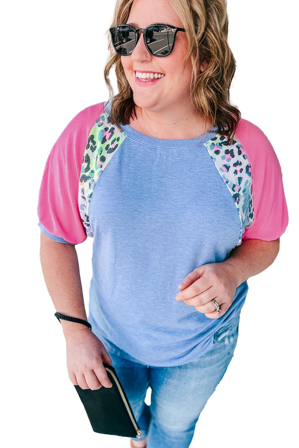 Rose Leopard Print V Neck Plus Size Tee