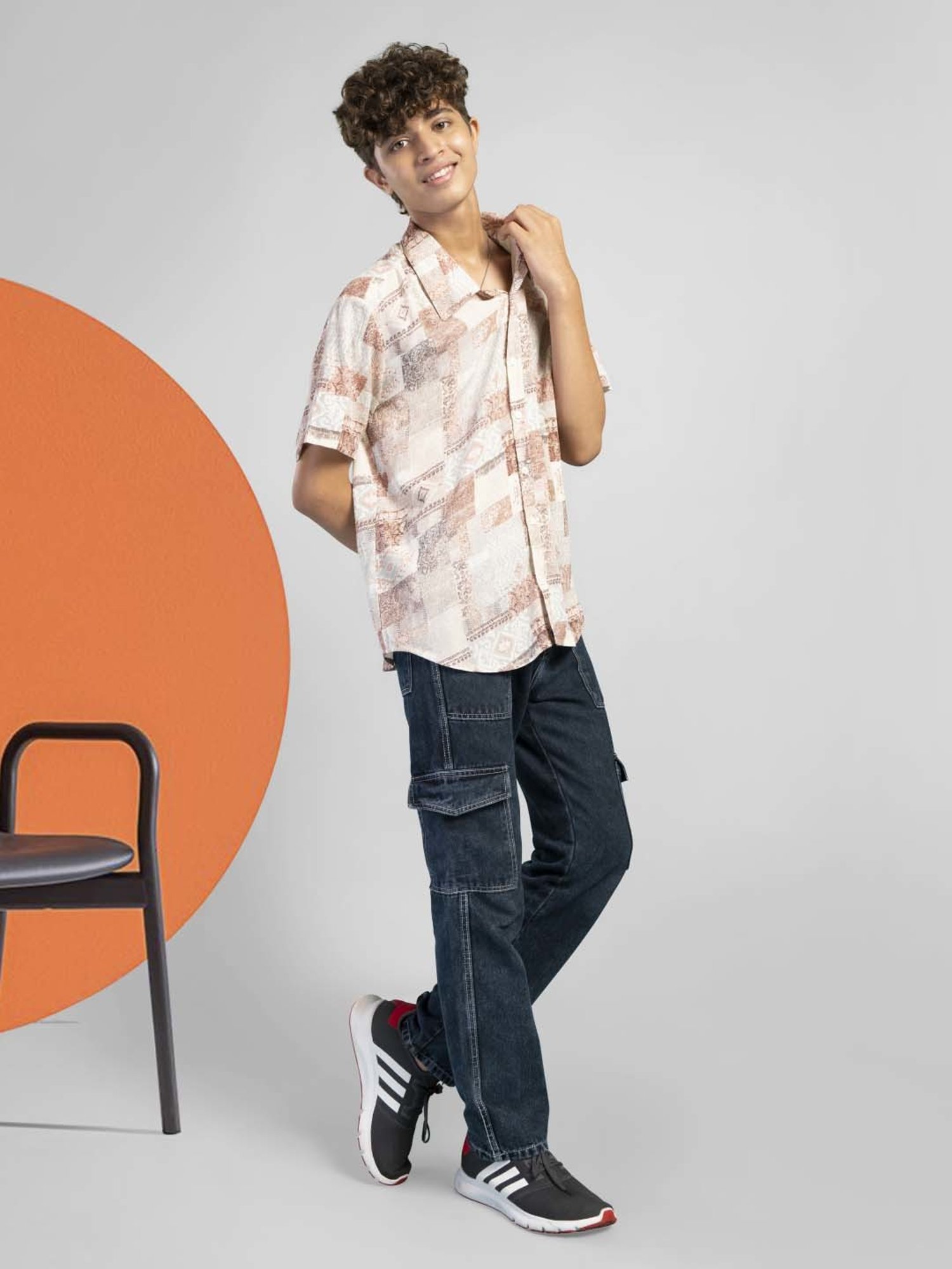 TeenTrums Kids Brown & White Cotton Printed Shirt