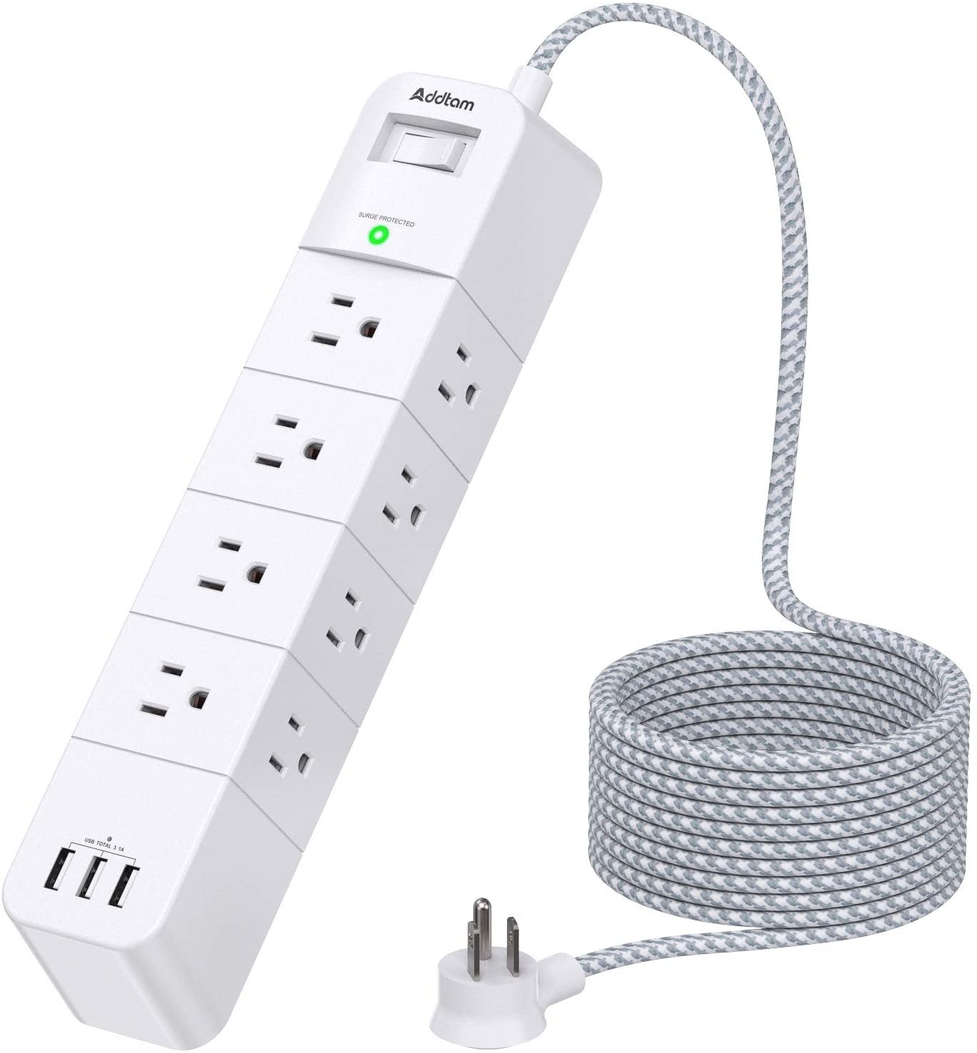 Power Strip Surge Protector - Addtam 12 Outlets(3-Side) and 3 USB Ports 5 Ft Long Extension Cord Flat Plug Overload Surge Protection Outlet Strip Wall Mount for Home Office and More