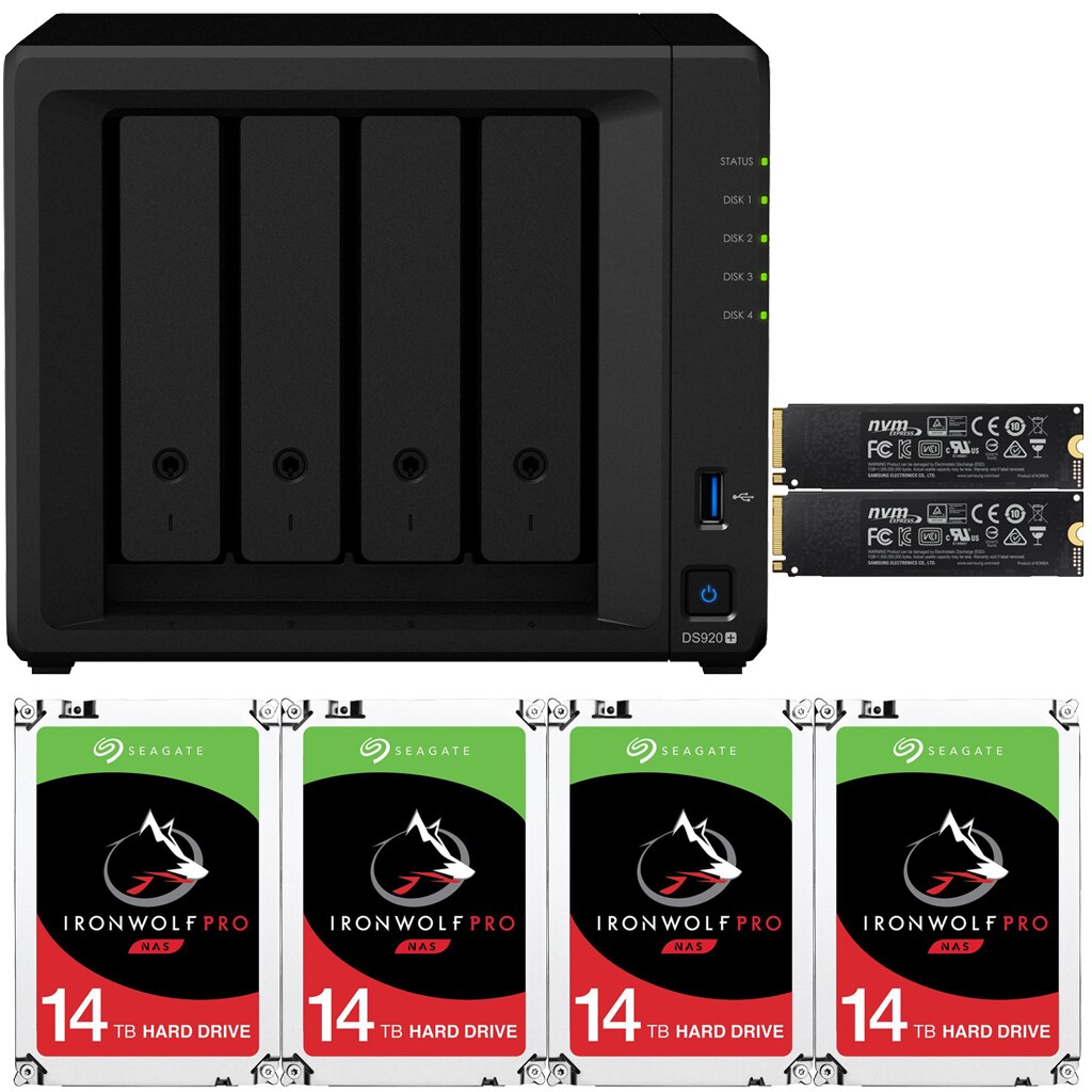 Synology DS920+ DiskStation with 8GB RAM and 48TB (4 x 12TB) of Seagate Ironwolf PRO Drives and 1TB (2x500GB) NVMe Cache Fully Assembled and Tested By CustomTechSales