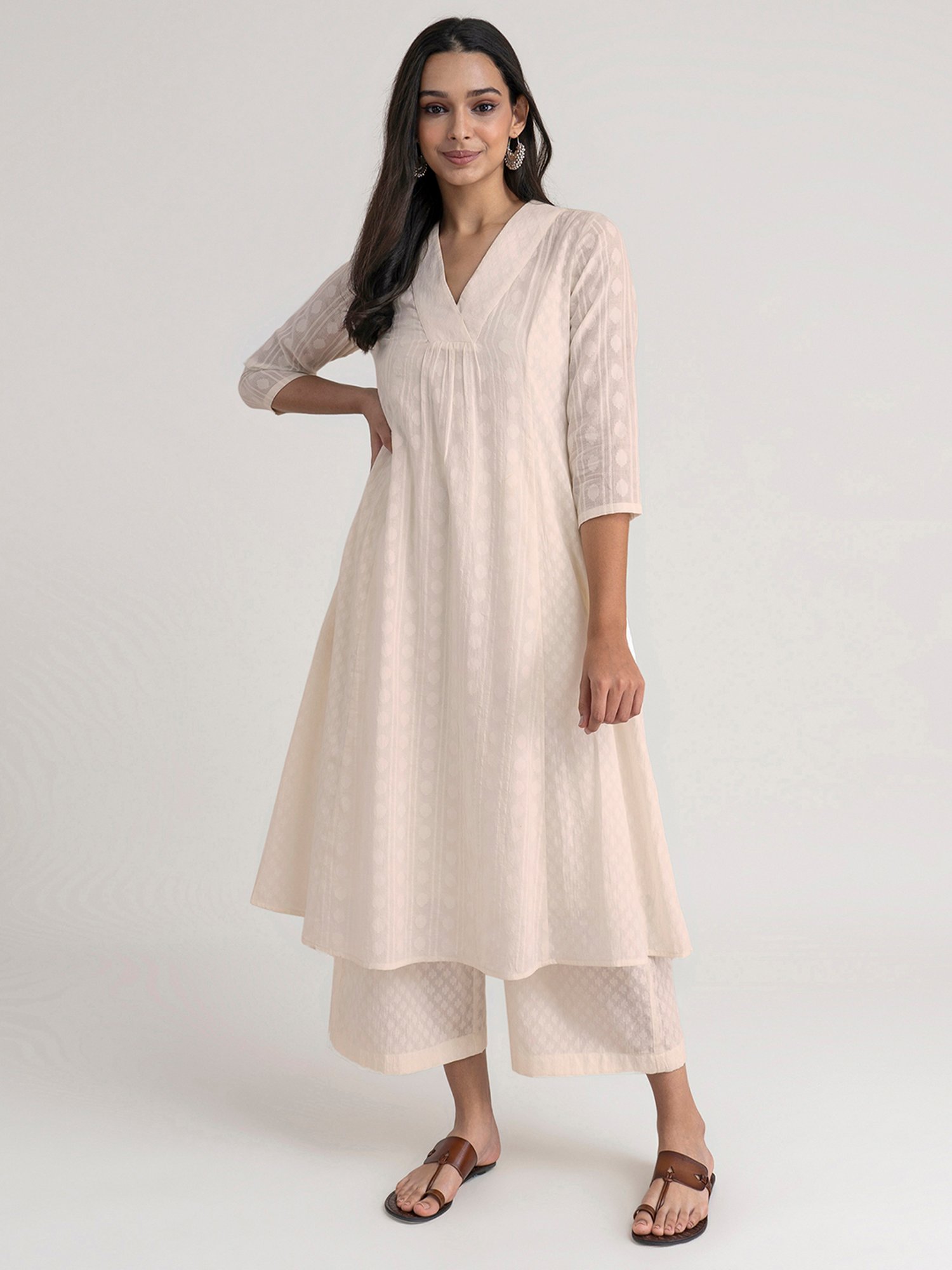 Pink Fort Off-White Cotton Embroidered Kurta Palazzo Set
