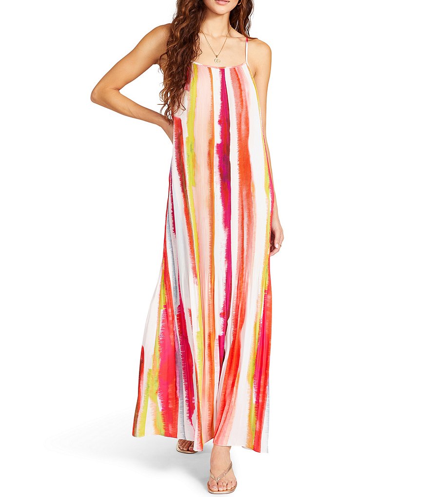 BB Dakota by Steve Madden Bon Voyage Watercolor Abstract Stripe Print Crepe de Chine Radial Pleat Maxi Swing Dress