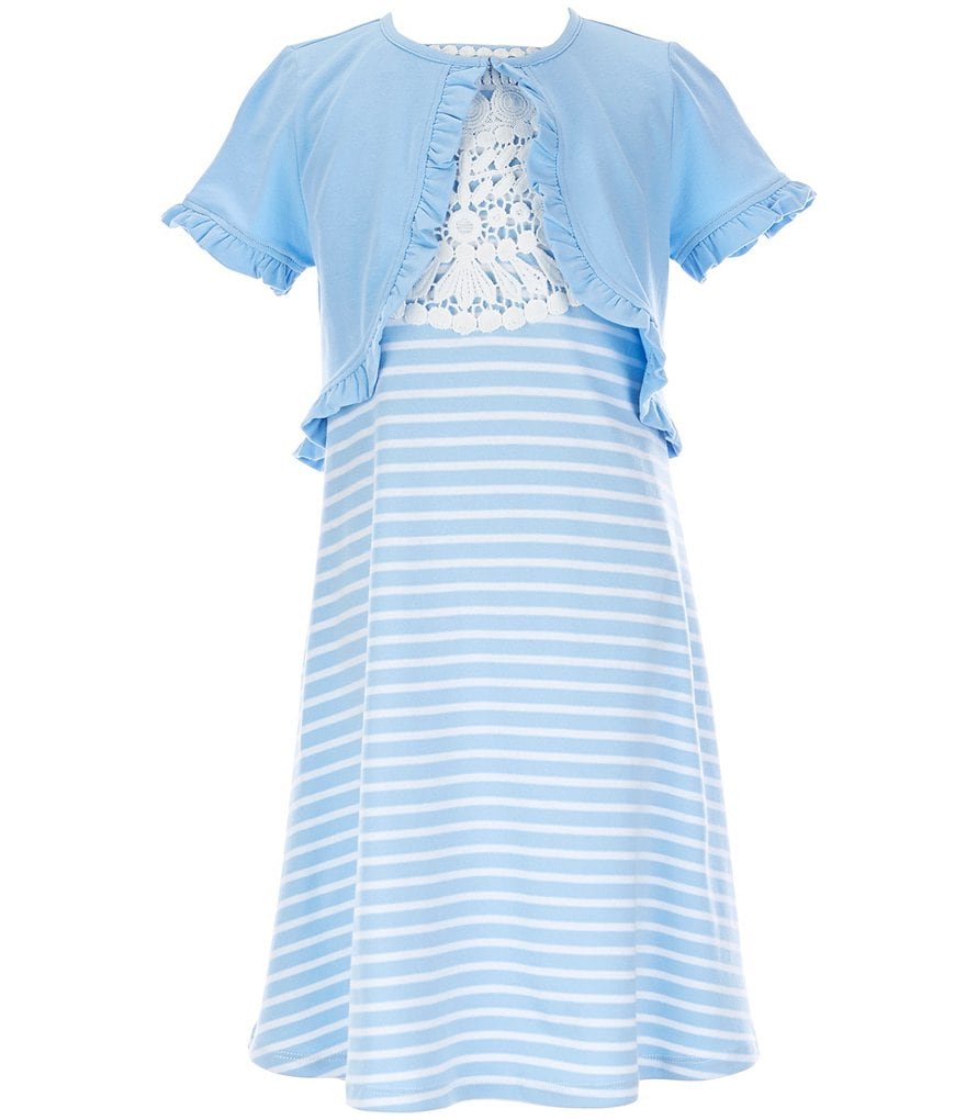 Rare Editions Big Girls 7-16 Short-Sleeve Shrug & Lace-Yoke Striped Shift Dress Set
