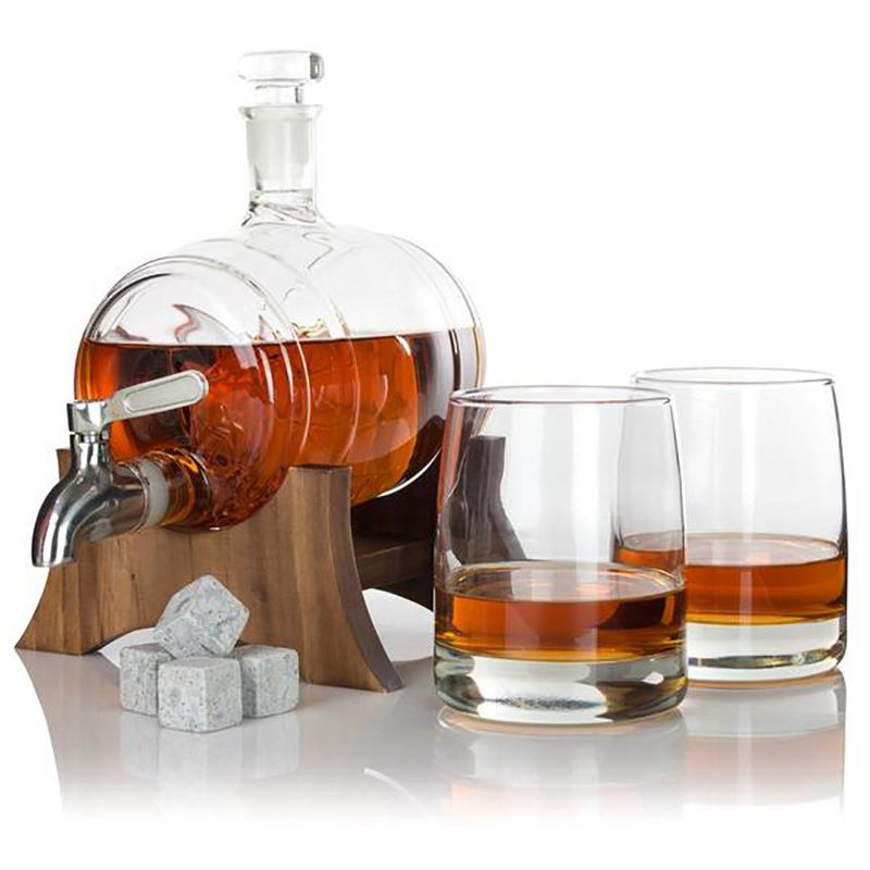 Atterstone Unique Whiskey Handblown Sail Boat Barrel Decanter Bar Set with Whiskey Stones, Drinking Glasses, and Unique Mahogany Stand