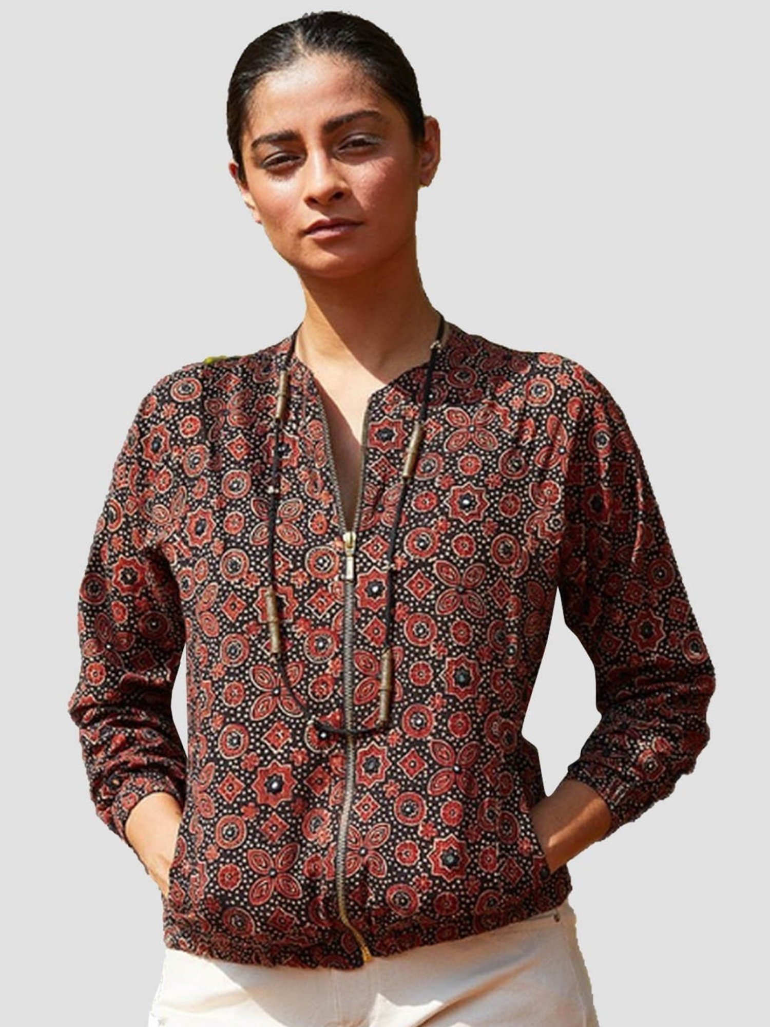 Okhai Maroon & Black Pure Cotton Embellished Bomber Jacket