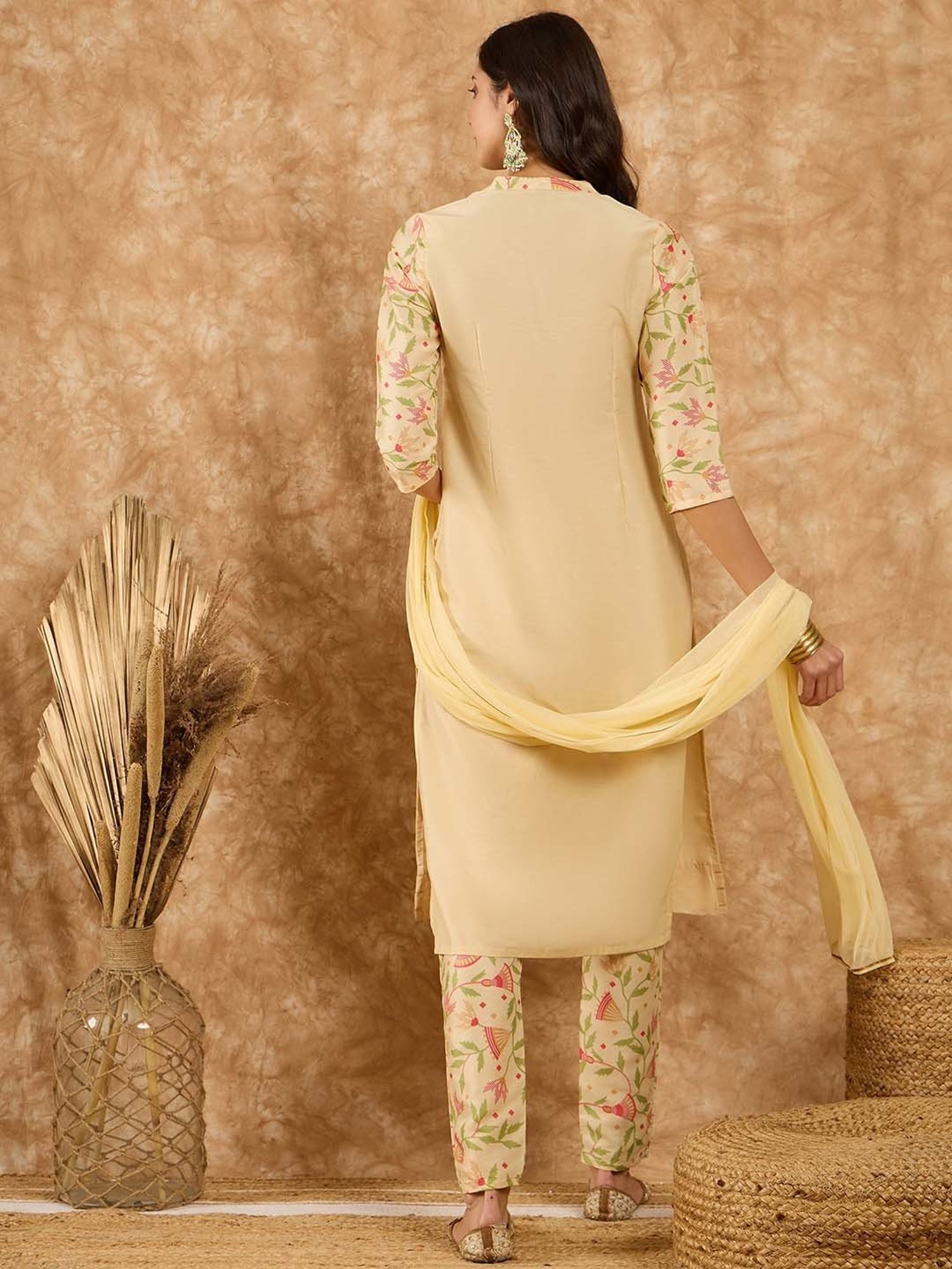 Ziyaa Beige Printed Kurta With Pant & Dupatta