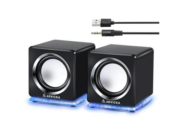 ARVICKA Blue LED USB Speakers- Wired Laptop Speakers 2.0 Channel Small Computer Desktop Speakers for PC, Echo Dot, Updated Version, White