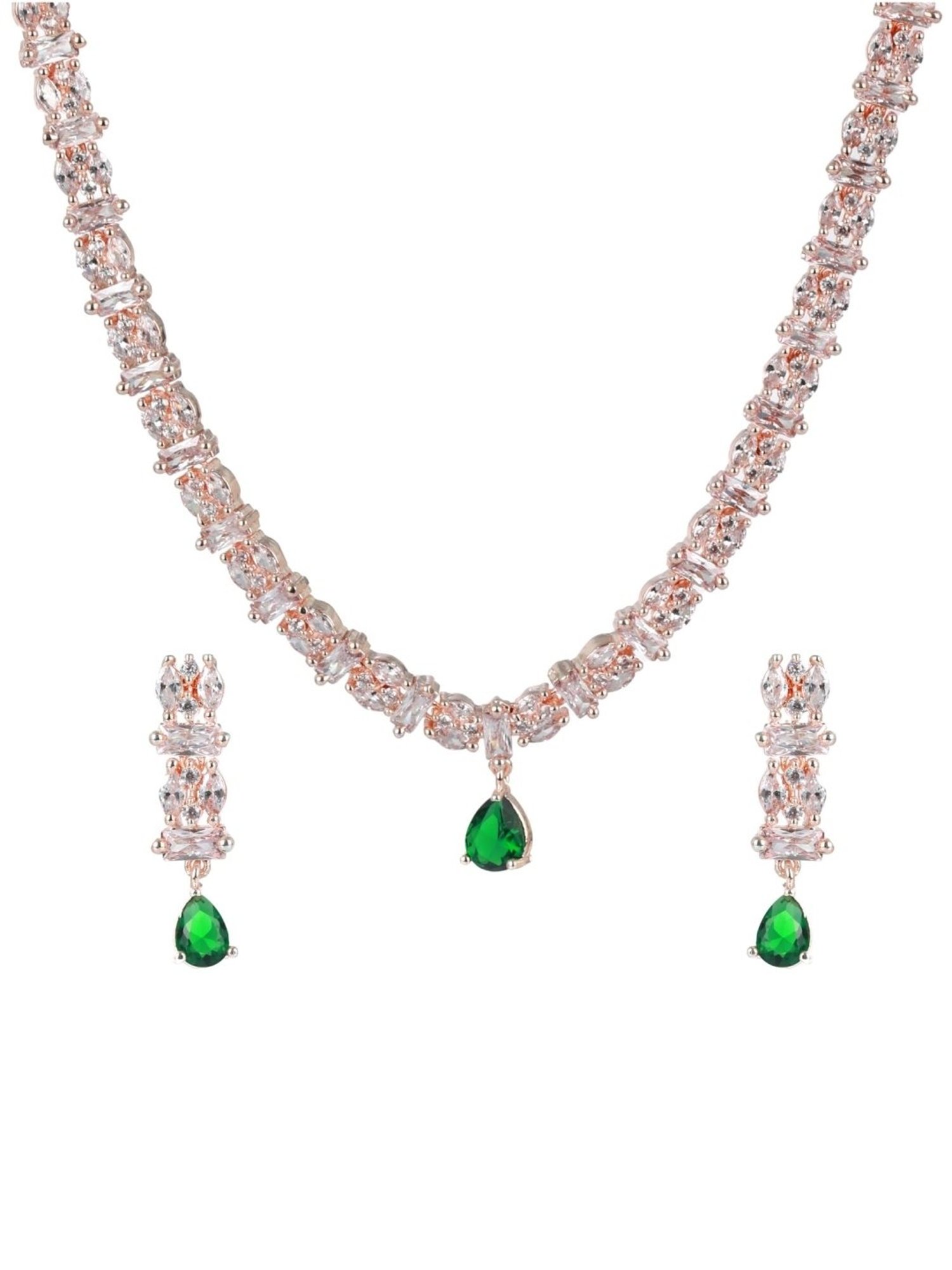 Aatmana Rose Gold-Plated Green & White American Diamond & CZ-Studded Necklace Set