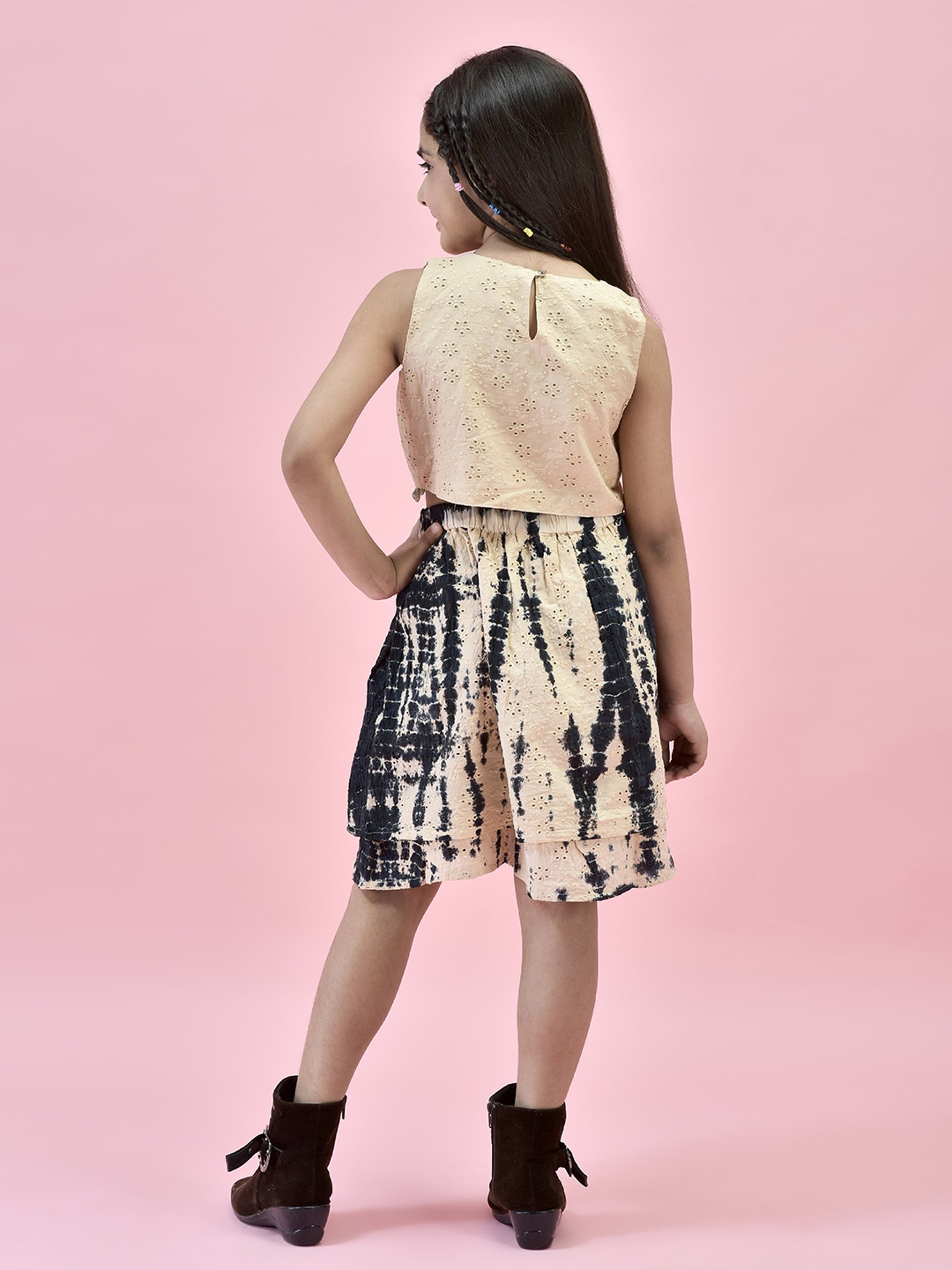 Juniper Girls Beige & Black Self Design Crop Top With Skirt