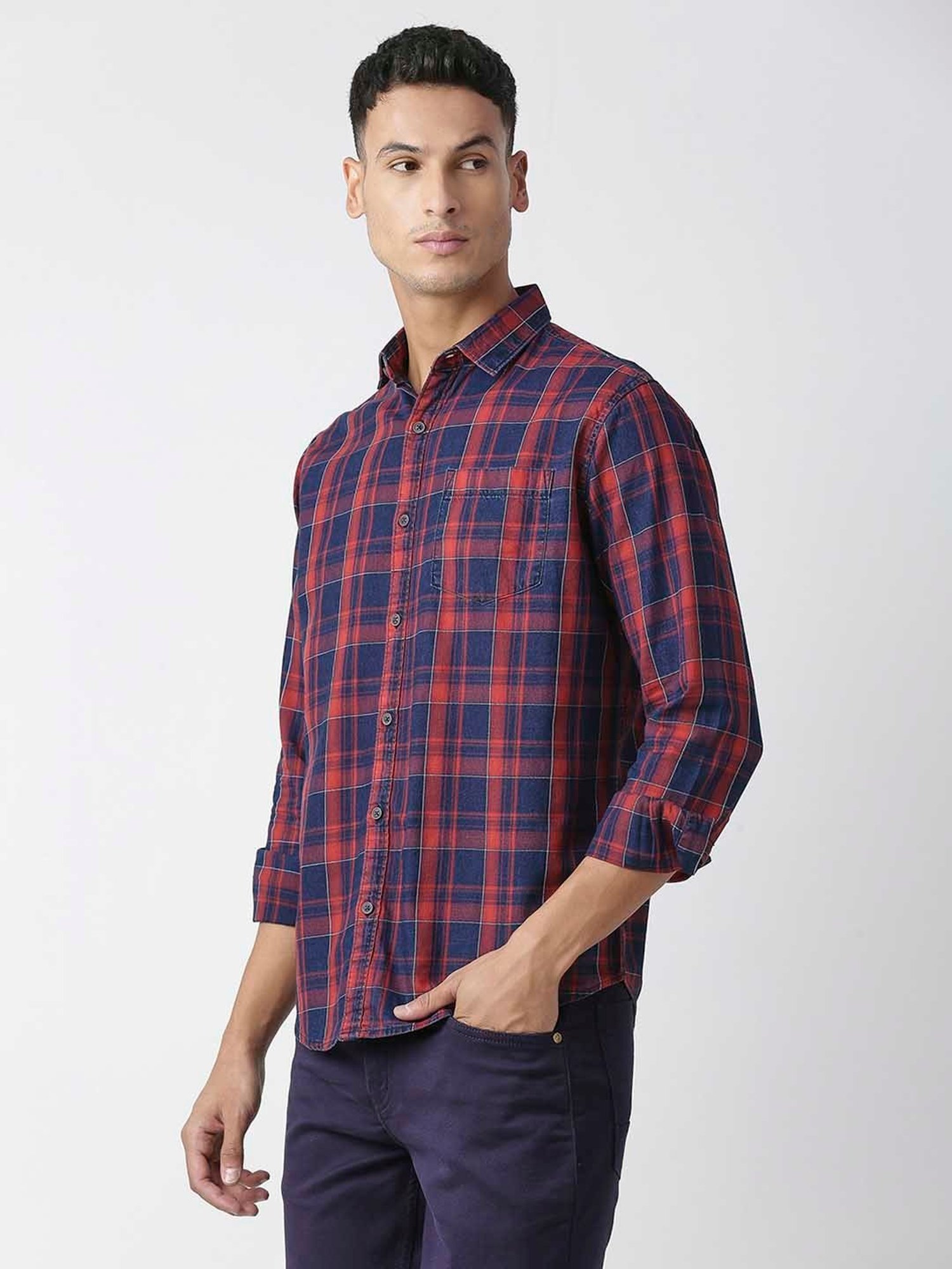 HJ HASASI Blue & Red Slim Fit Check Cotton Shirt