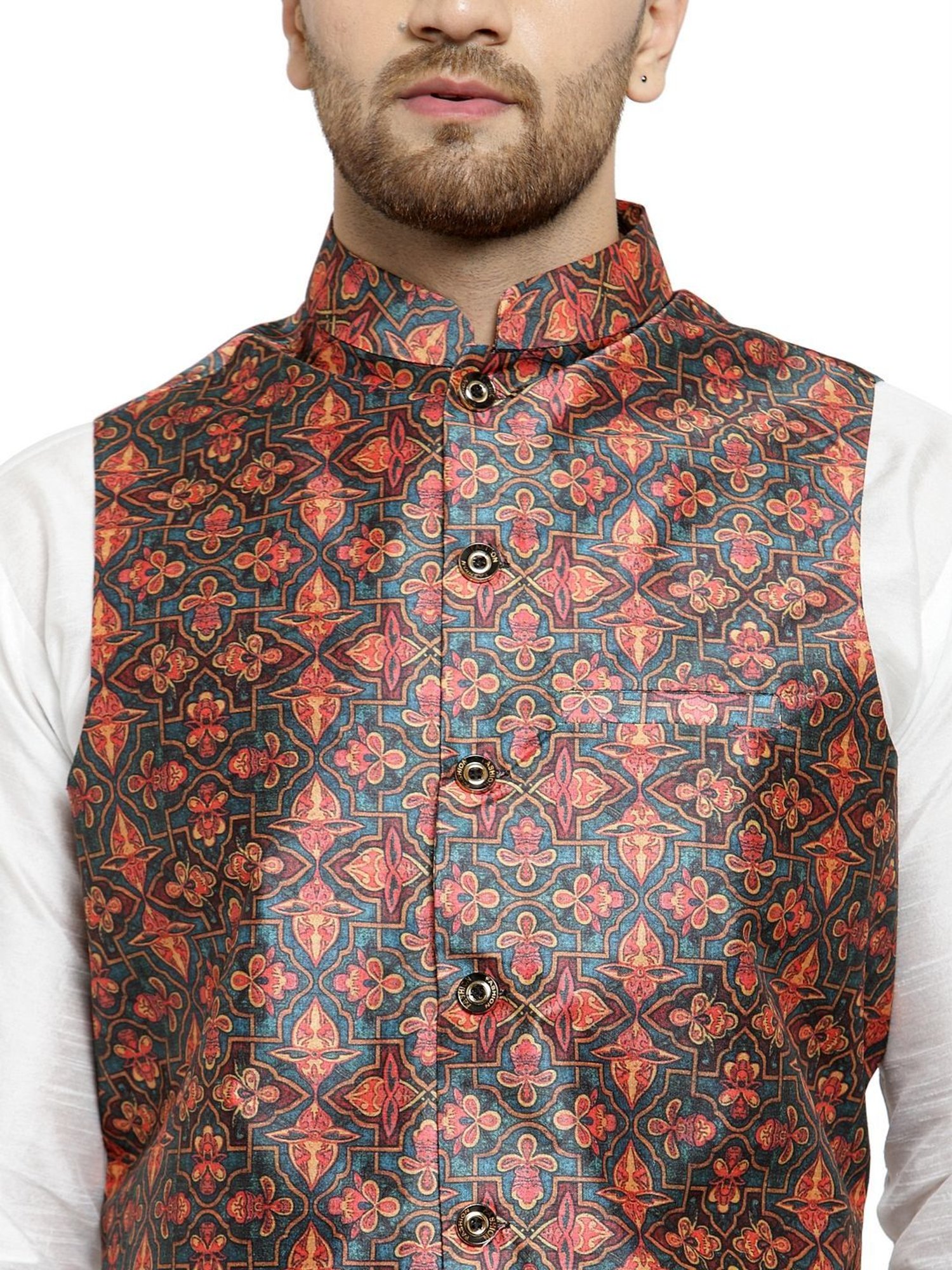 Benstoke White & Dark Green Regular Fit Paisley Kurta Set With Jacket