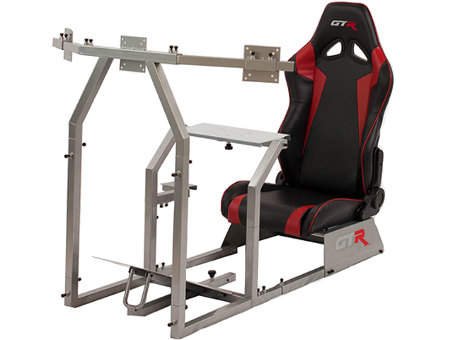 GTR Racing Simulator GTAF-S-S105LBKRD - GTA-F Model (Silver) Triple or Single Monitor Stand with Black/Red Adjustable Leatherette Seat, Racing Simulator Cockpit gaming chair Single Monitor Stand