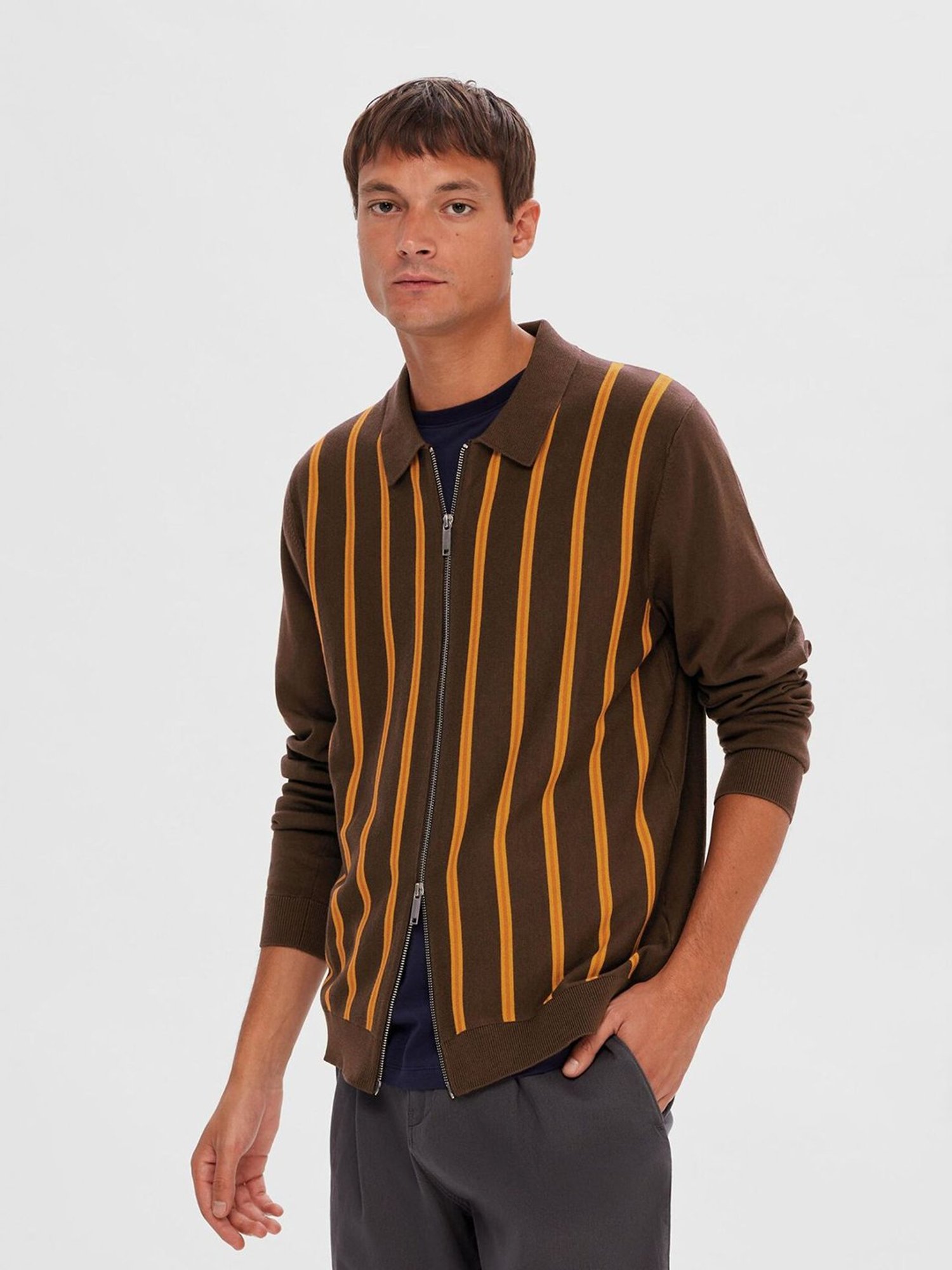 SELECTED HOMME Brown Regular Fit Striped Cardigan