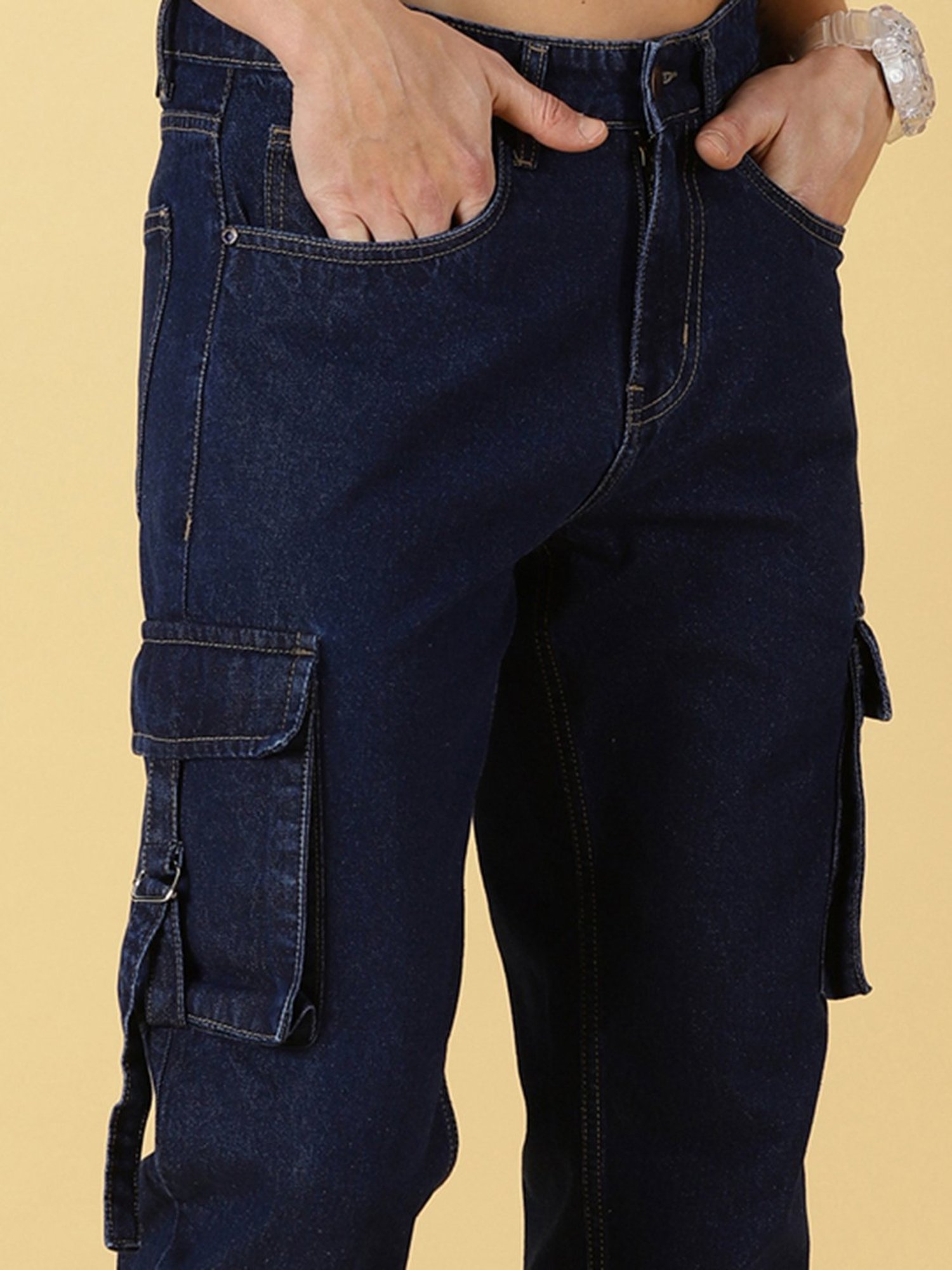 Thomas Scott Dark Blue Slim Fit Lightly Washed Cargo Jeans