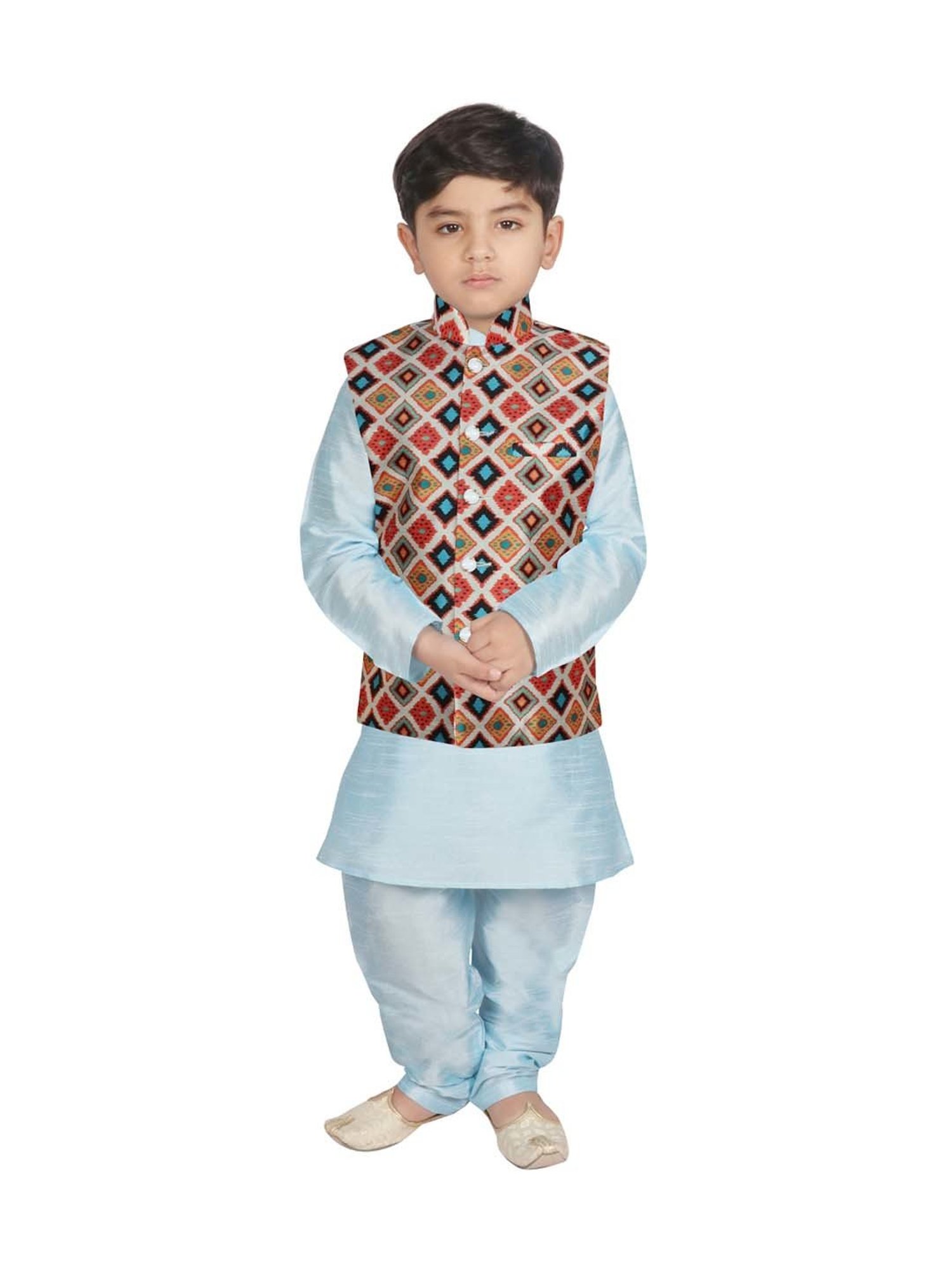 SG Yuvraj Kids Cream & Blue Printed Full Sleeves Kurta Set