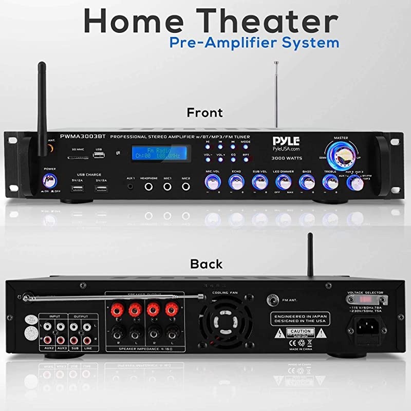 Bluetooth Home Audio Power Amplifier -4 Ch. 3000W, Stereo Receiver w/ Speaker Selector, FM Radio, USB, Headphone, 2 Wireless Mics for Karaoke, Great for Home Entertainment System -  PWMA3003BT.NEW