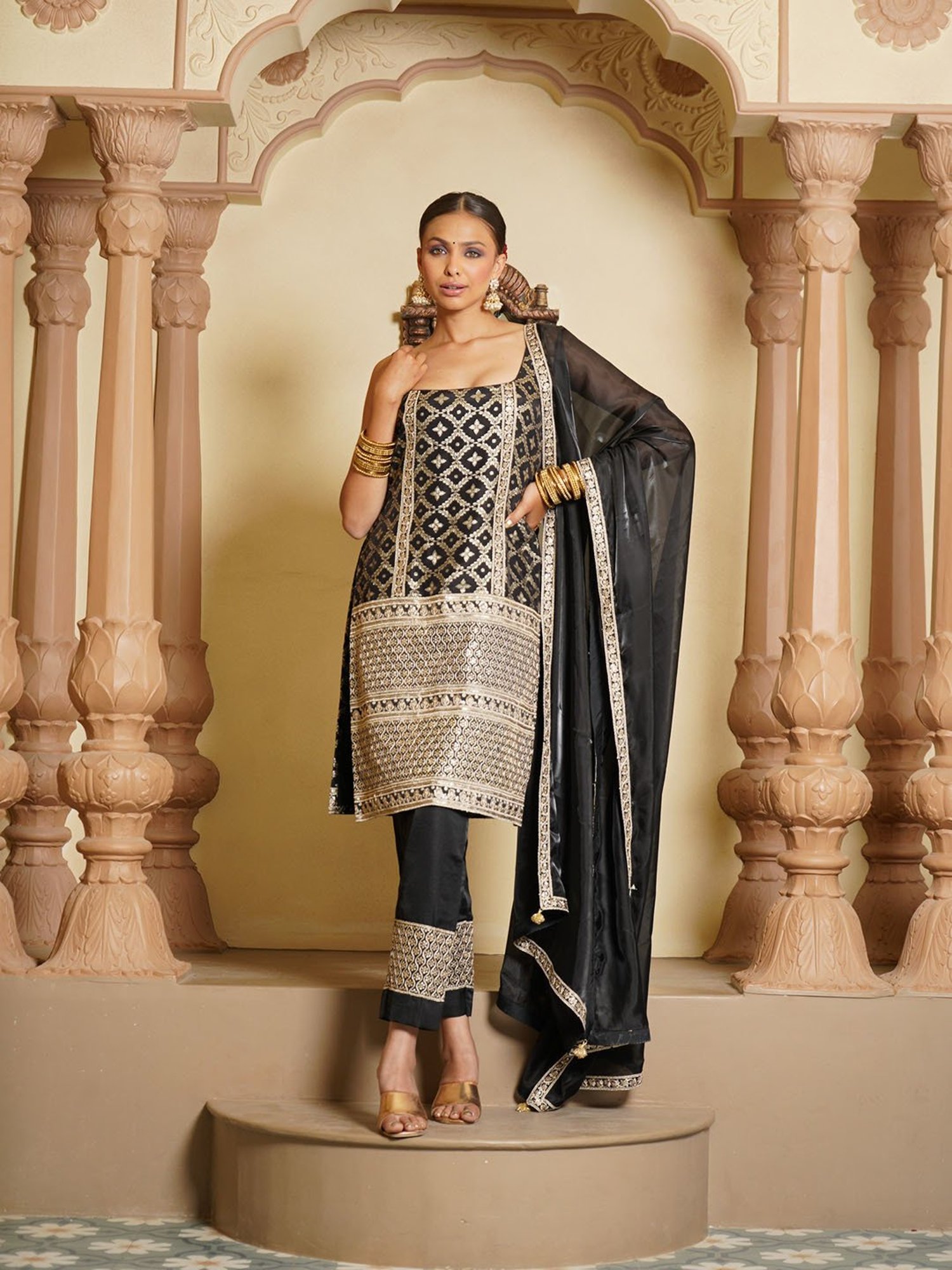 Monk and Mei Sara Brocade Kurta, Sharara & Dupatta