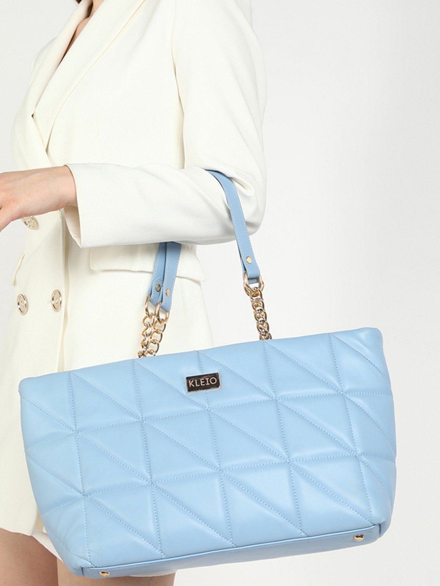 KLEIO Quilted Blue Quilted Large Leather Tote Handbag