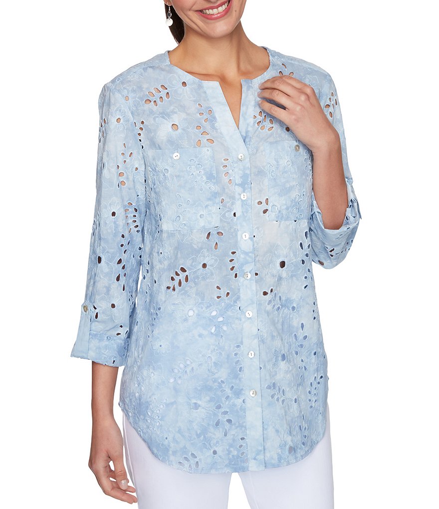 Calessa Petite Size Matte Jersey Knit Button Front Roll Tab Blouse