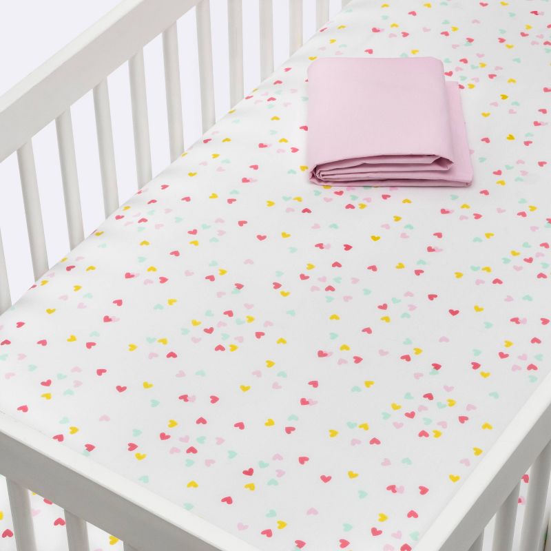 Crib Fitted Sheets Hearts and Pink Solid - Cloud Island™ Pink 2pk