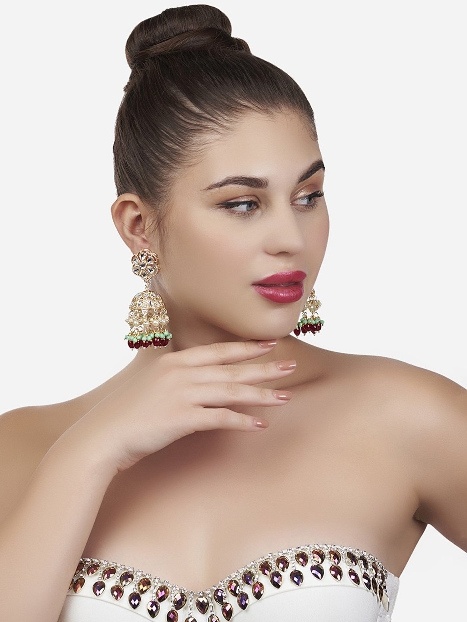 Zaveri Pearls Green & Maroon Beads Traditional Kundan Jhumki Earrings - ZPFK13551